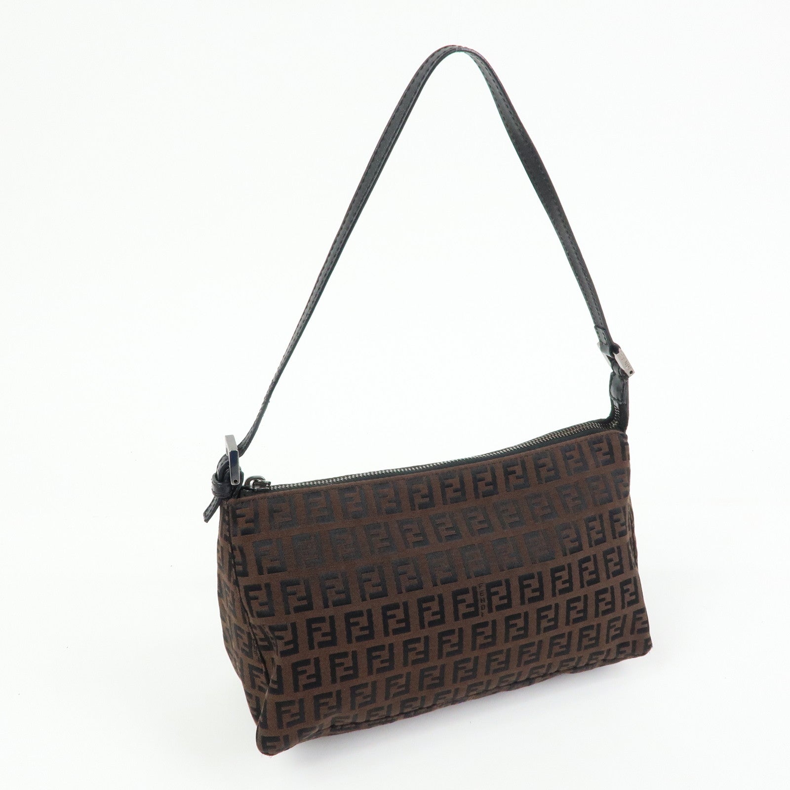 FENDI Zucchino Canvas Leather Shoulder Bag Brown Black 8BR267
