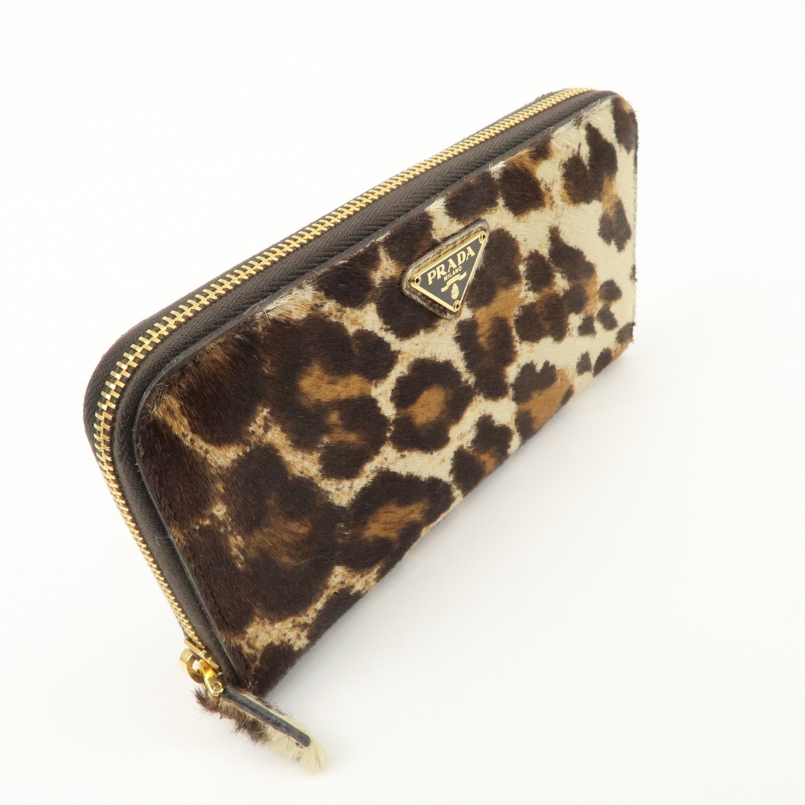 PRADA Leather Unborn Calf Round Zippy Wallet Leopard 1M0506 Used