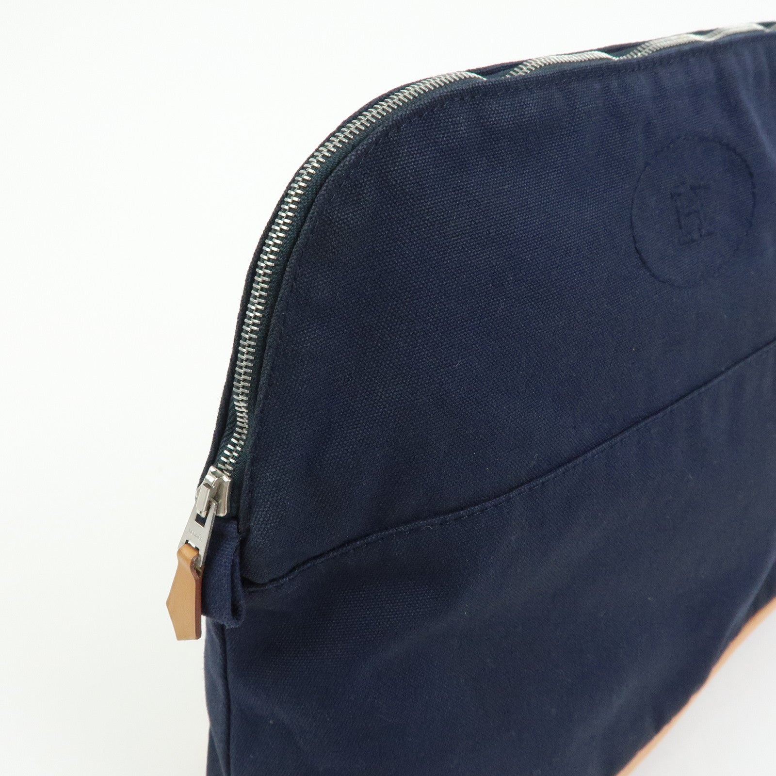 HERMES Bolide Pouch GM Cotton Leather Cosmetic Pouch Navy