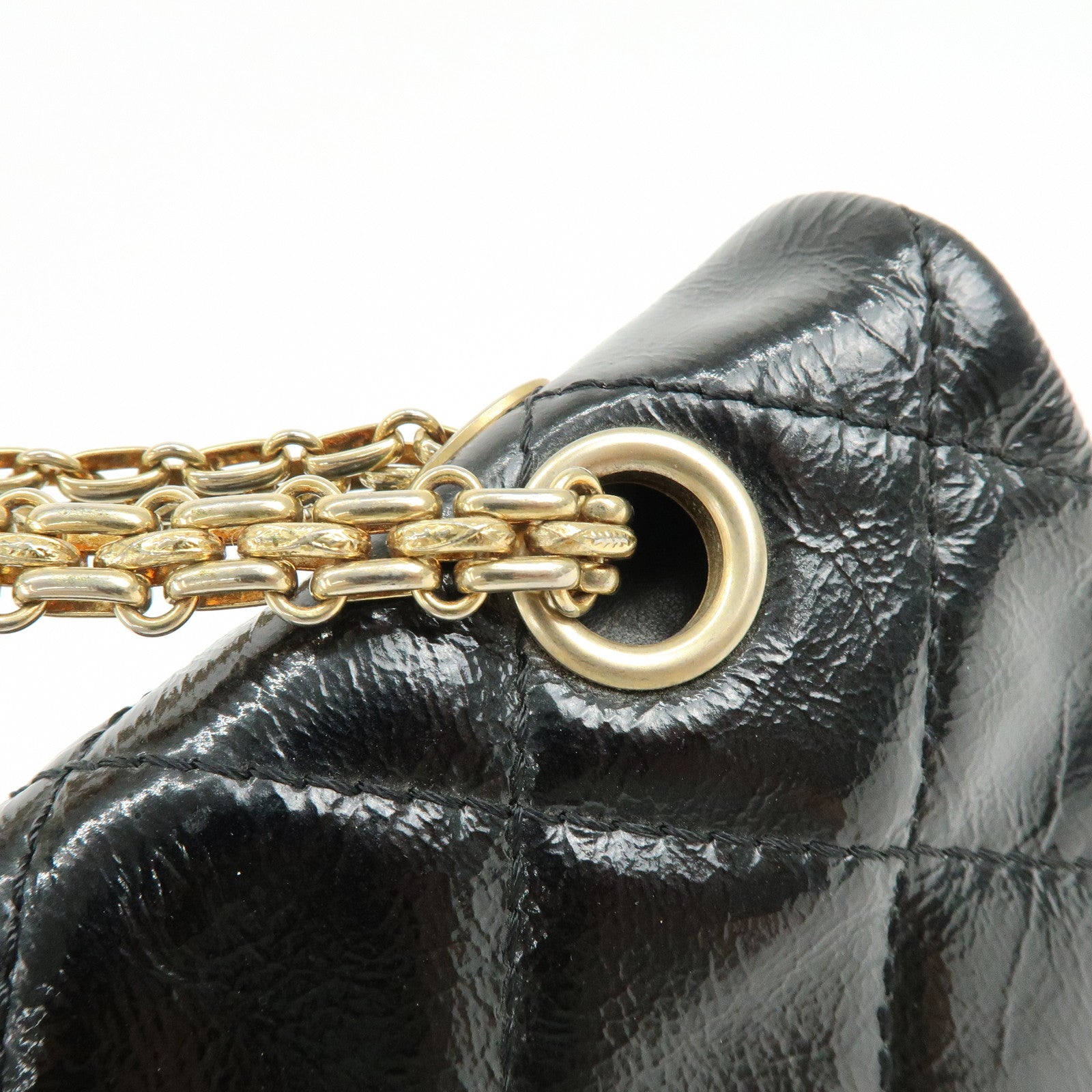 CHANEL 2.55 Patent Leather Chain Shoulder Bag Turn Lock Black