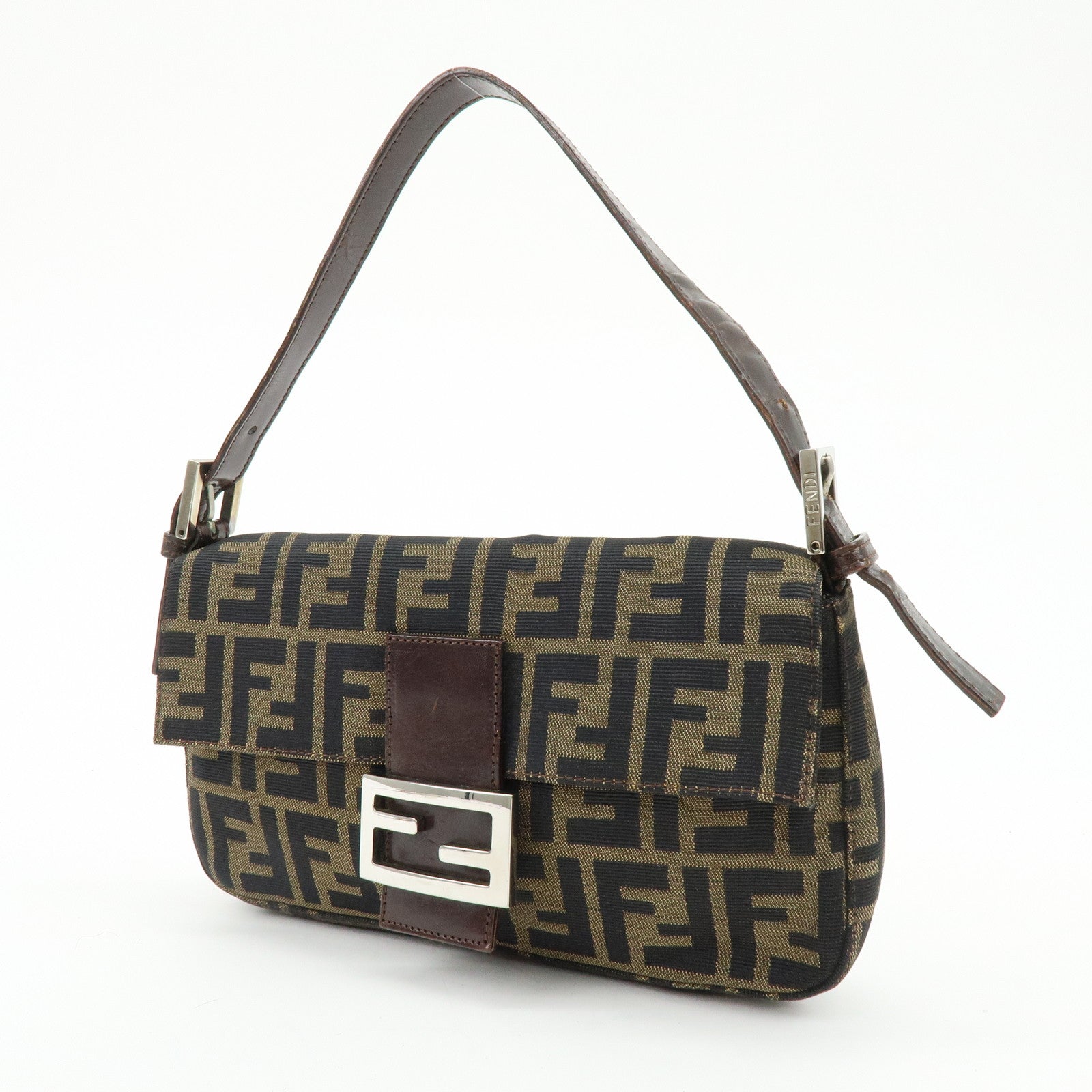 FENDI Mamma Baguette Jacquard Canvas Leather Shoulder Bag Brown 26424