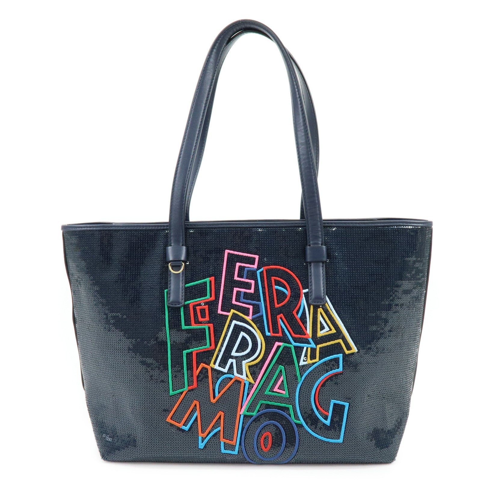 Ferragamo Gancini Sequin Leather Tote Bag Hand Bag Navy