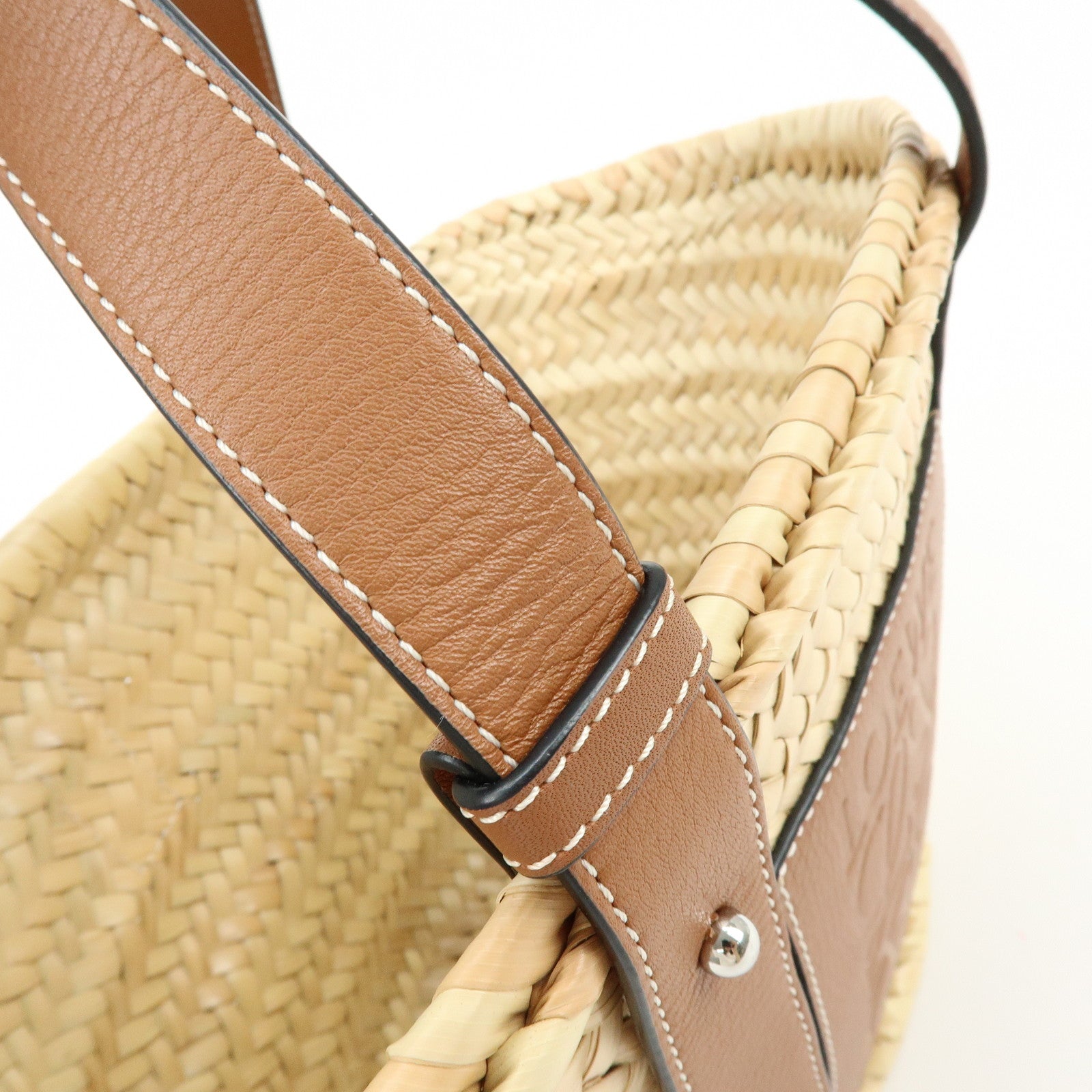 LOEWE Raffia Leather Basket Bag Hand Bag Natural Tan
