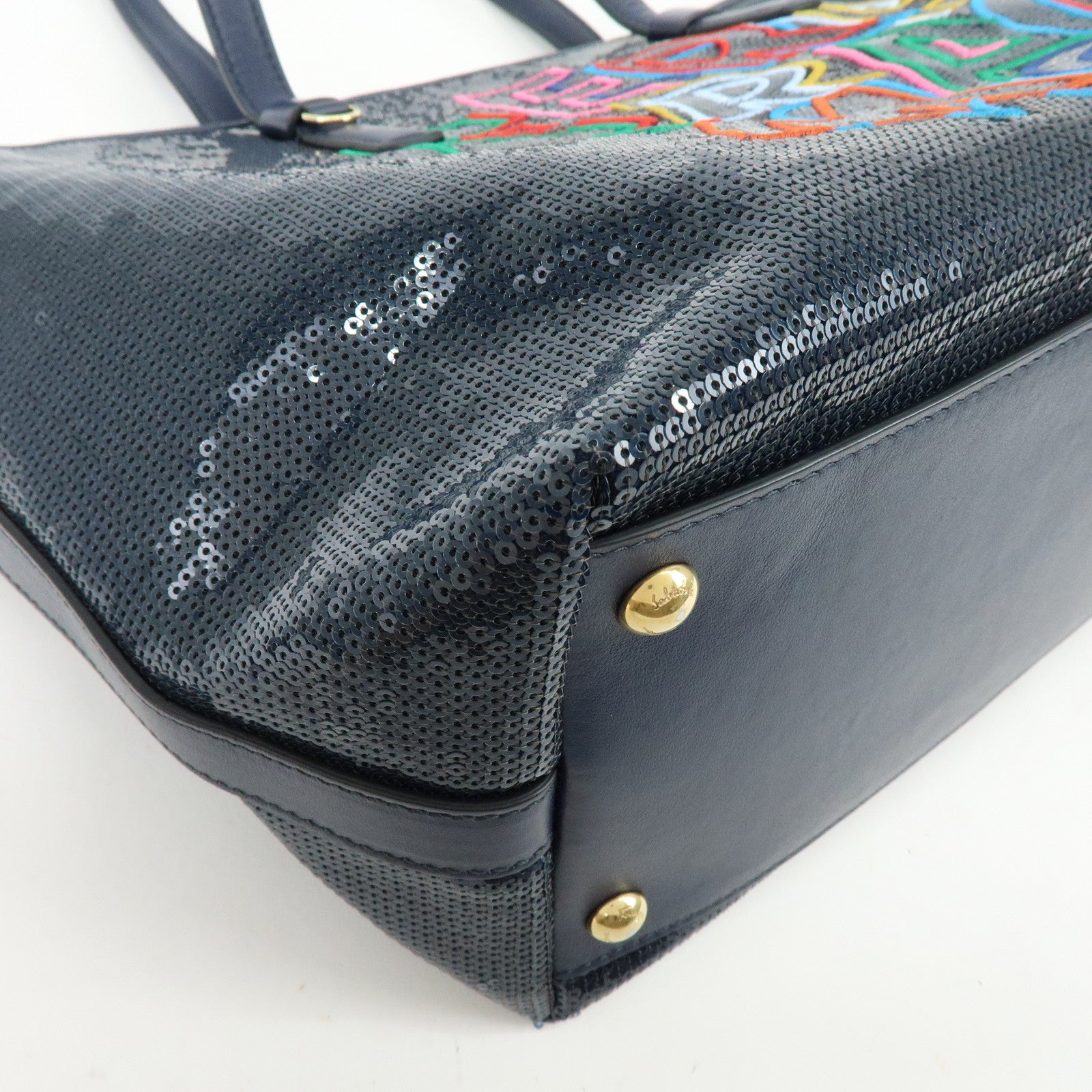 Ferragamo Gancini Sequin Leather Tote Bag Hand Bag Navy