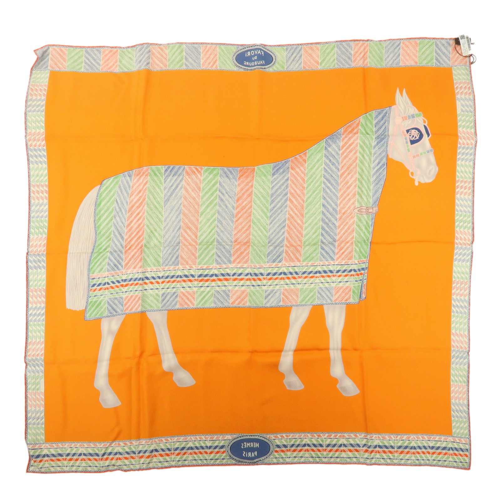 HERMES Carre 90 Silk 100% Scarf Favori du Faubourg Wash Orange Blue