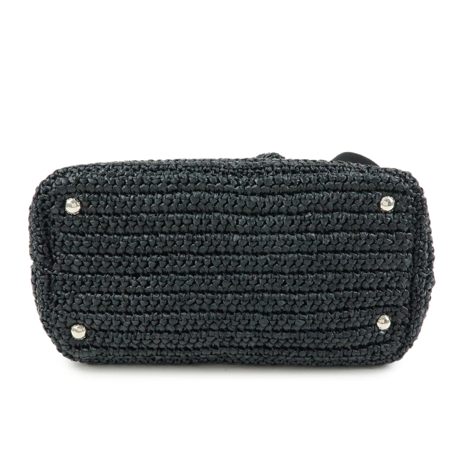 PRADA Triangle Logo Canapa Raffia Pon Pon 2Way Shoulder Tote Bag Black
