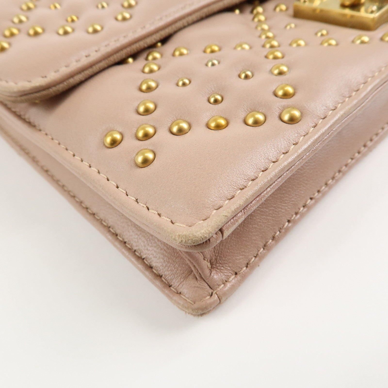 Christian Dior Addict Studs Leather Chain Shoulder Bag Hand Bag Beige Used