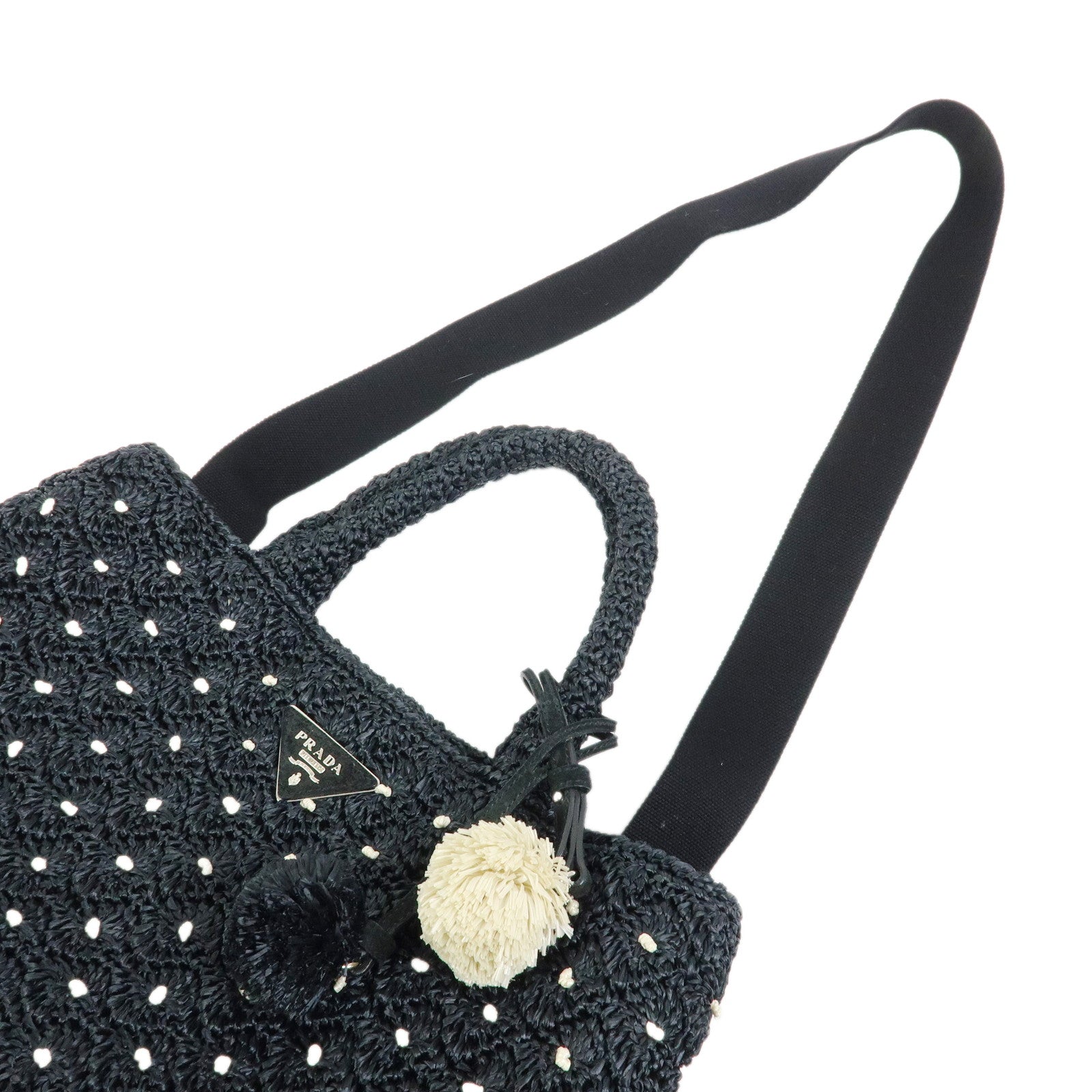 PRADA Triangle Logo Raffia 2Way Bag Hand Bag Shoulder Bag Black 1BG889