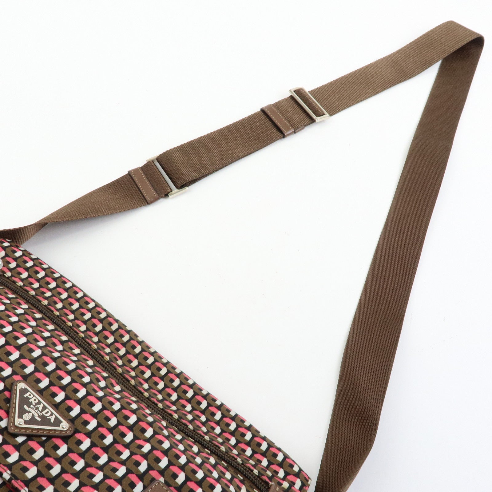 PRADA Triangle Logo Nylon Leather Shoulder Crossbody Bag Brown Pink