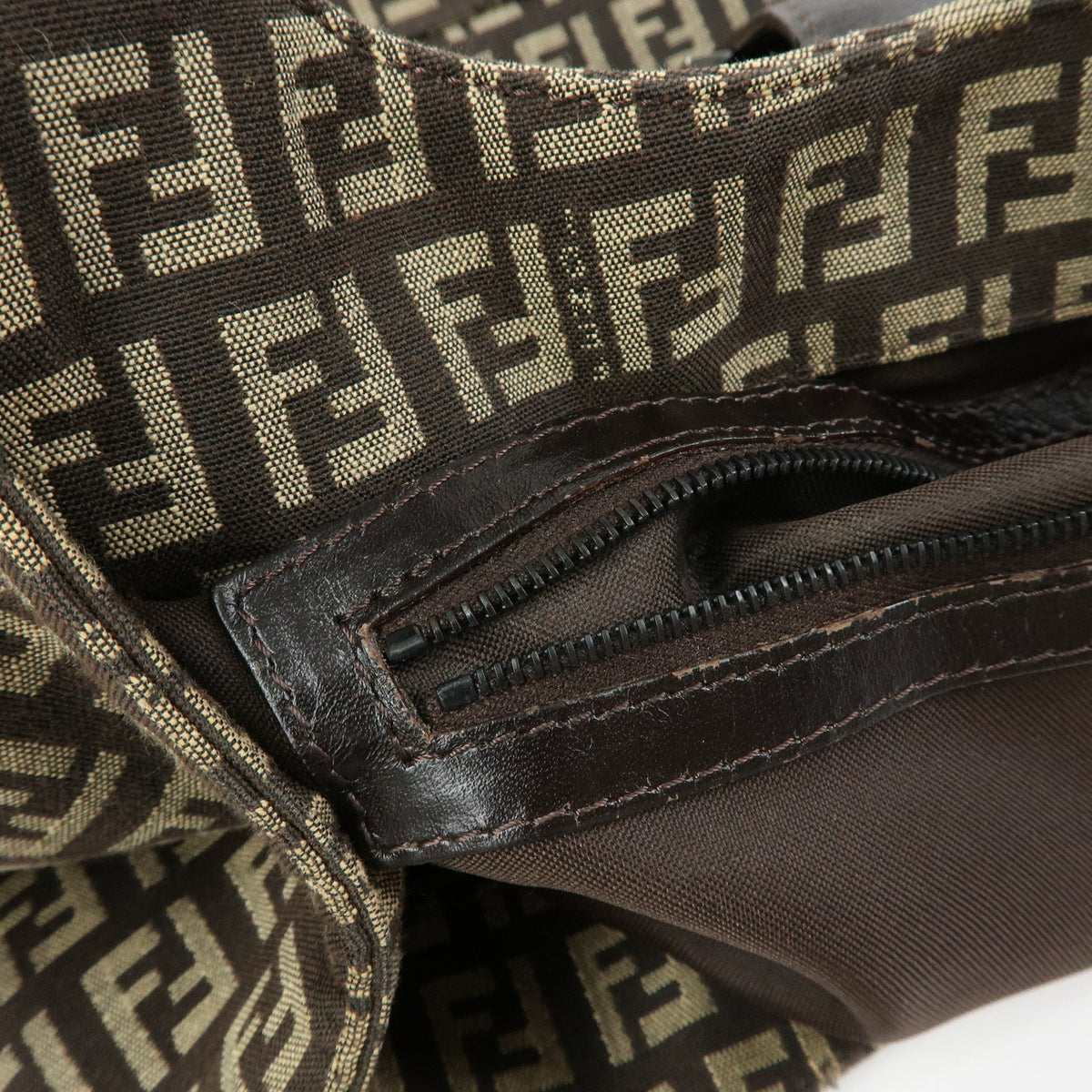 FENDI Zucchino Canvas Leather Shoulder Bag Hand Bag Beige Brown 8BR463