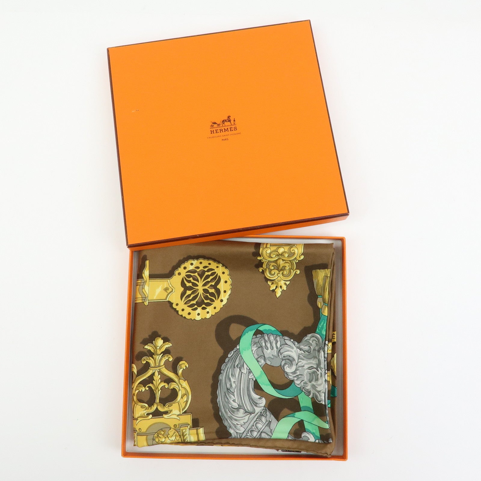 HERMES Carre 90 Silk 100% Scarf Ferronnerie Brown Gold