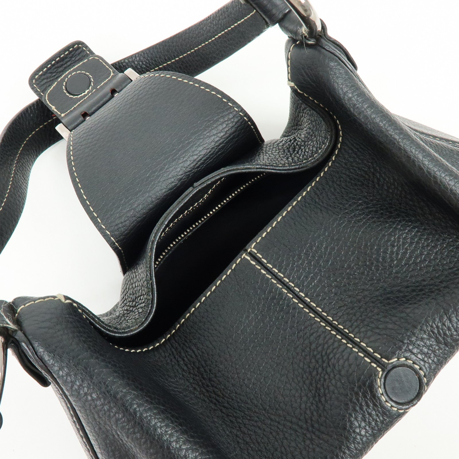 TOD'S Leather Stitched Buckle Hand Bag Shoulder Bag Black