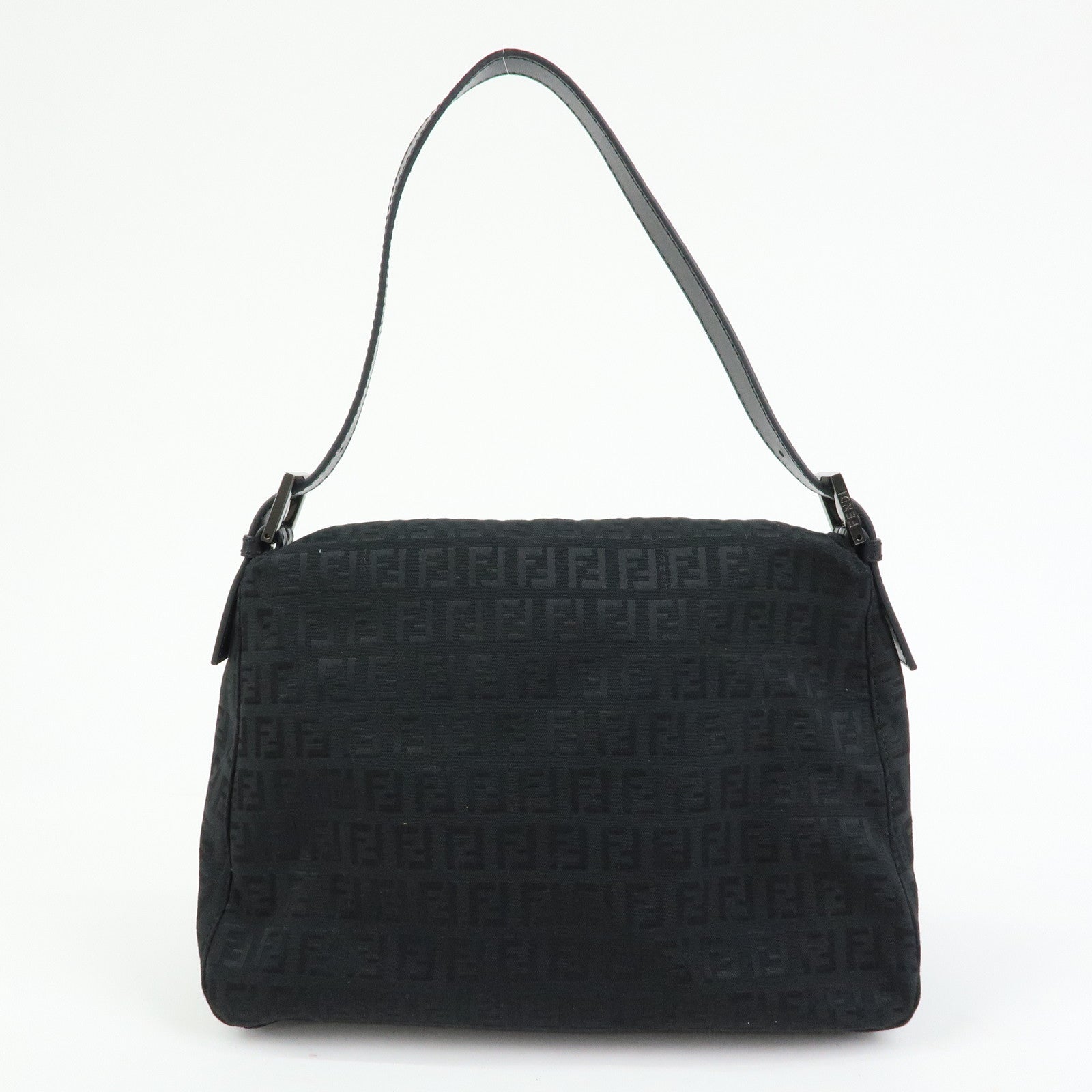 FENDI Mamma Baguette Zucchino Canvas Leather Shoulder Bag Black 8BR001