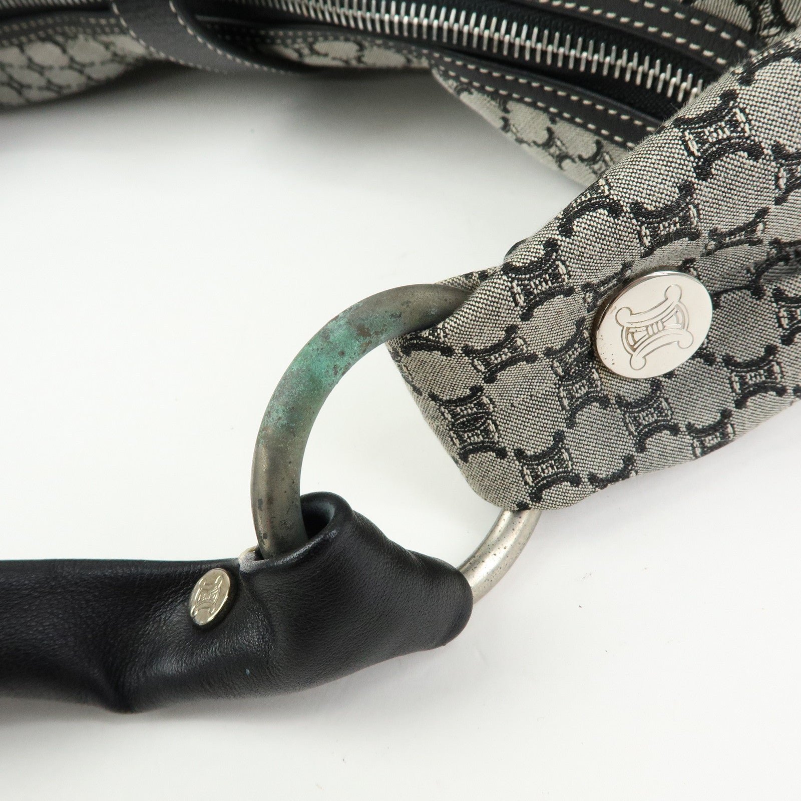 CELINE Macadam Canvas Leather Shoulder Bag Grey Black Silver