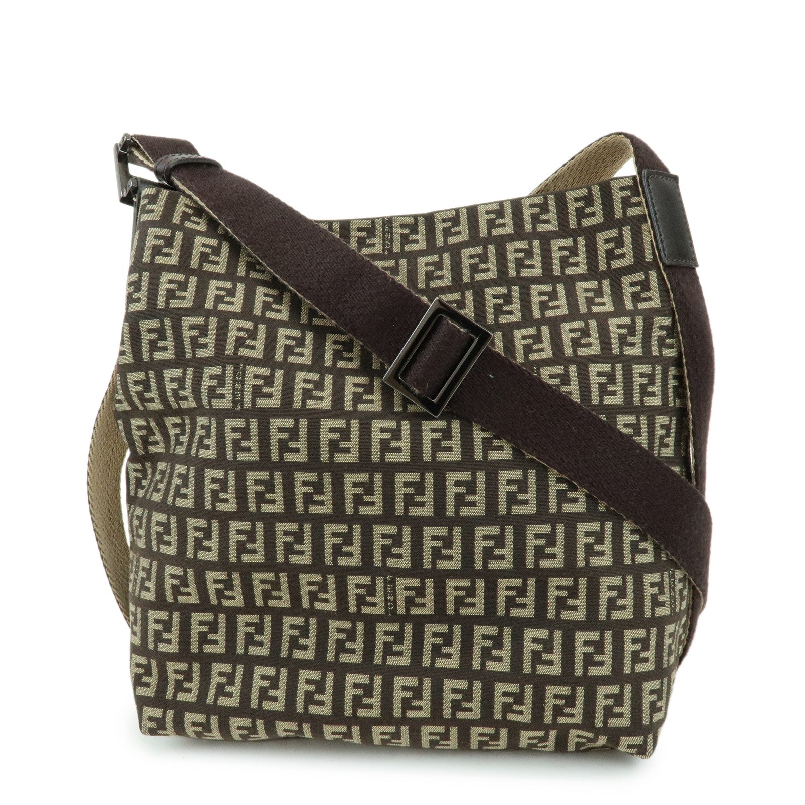 FENDI Zucchino Jacquard Canvas Leather Shoulder Bag Brown 8BR317