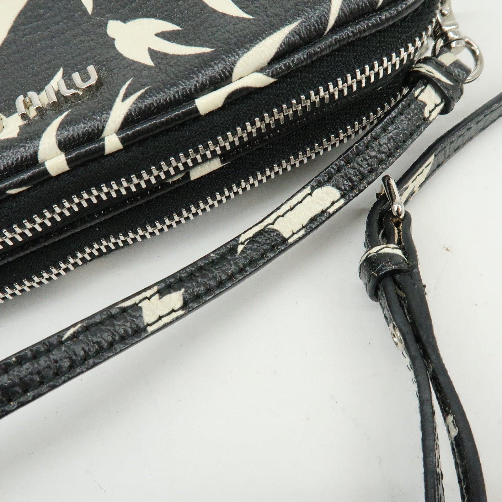 MIU MIU Swallow Madras Leather Shoulder Bag Black White 5ZH011