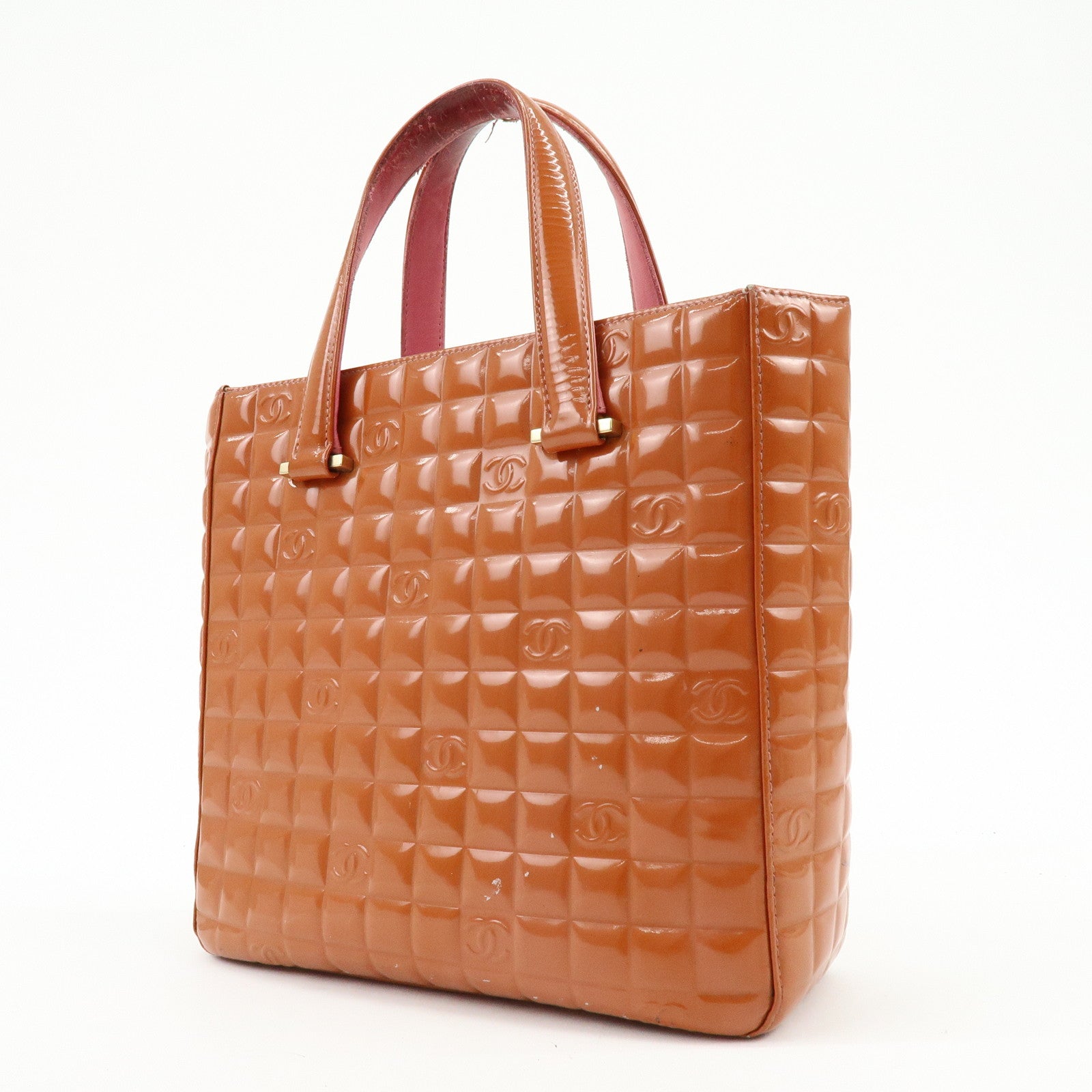 CHANEL Chocolate Bar COCO Mark Patent Leather Hand Bag Tote Bag Orange