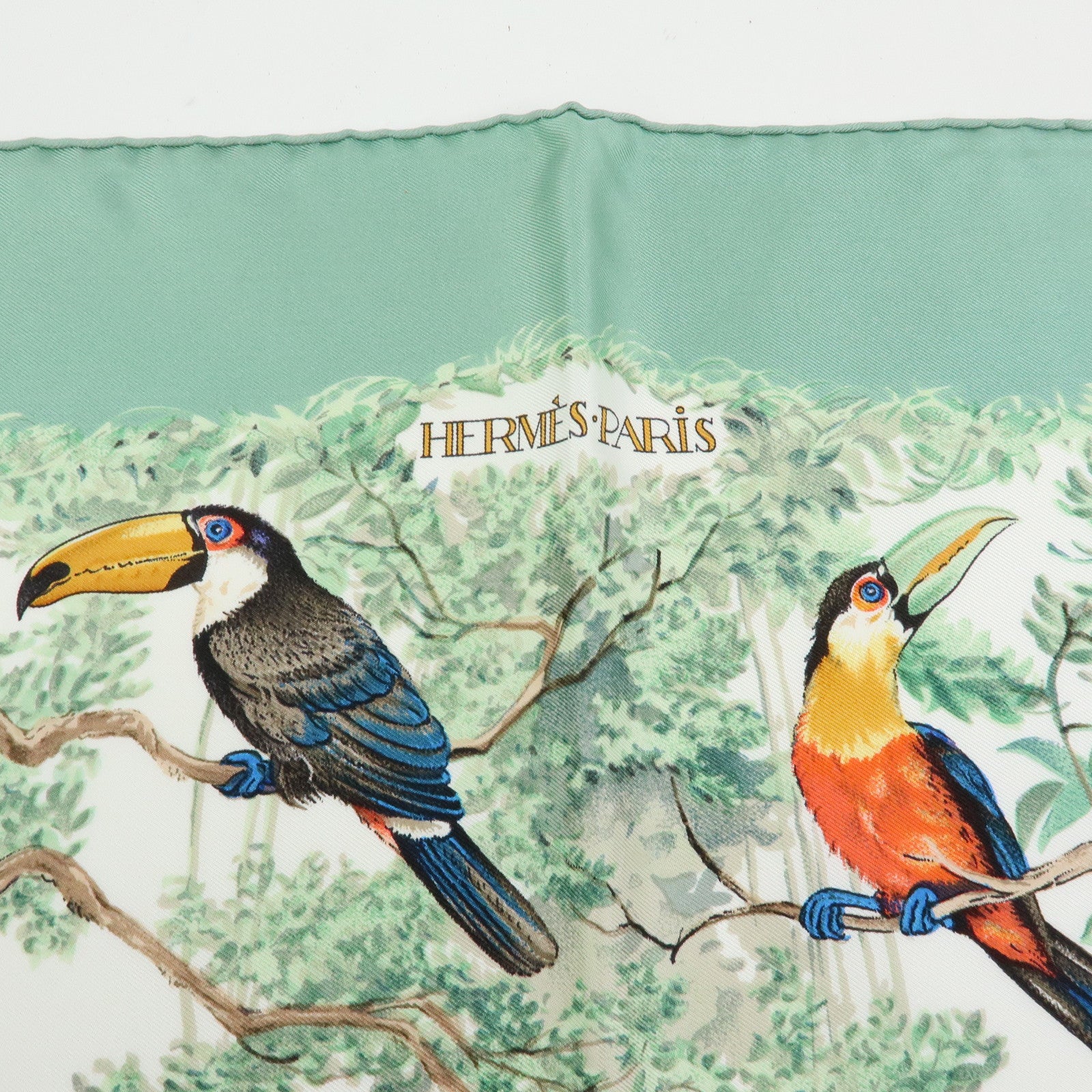 HERMES Carre 90 Silk 100% Scarf EQUATEUR Light Green Brown White