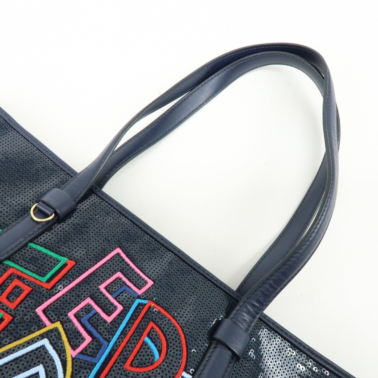 Ferragamo Gancini Sequin Leather Tote Bag Hand Bag Navy