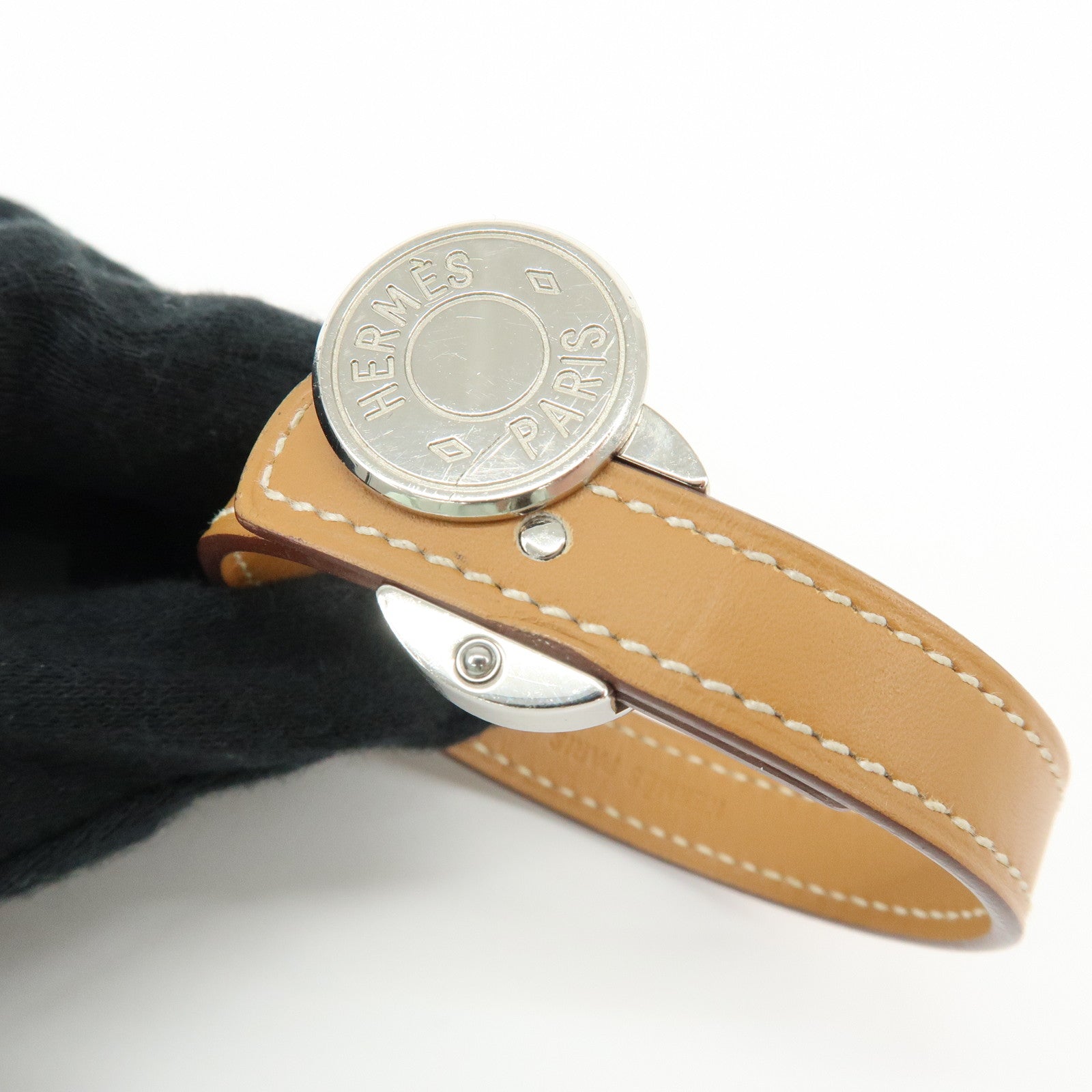 HERMES Serie Looping Leather Metal Bracelet Brown Black Silver