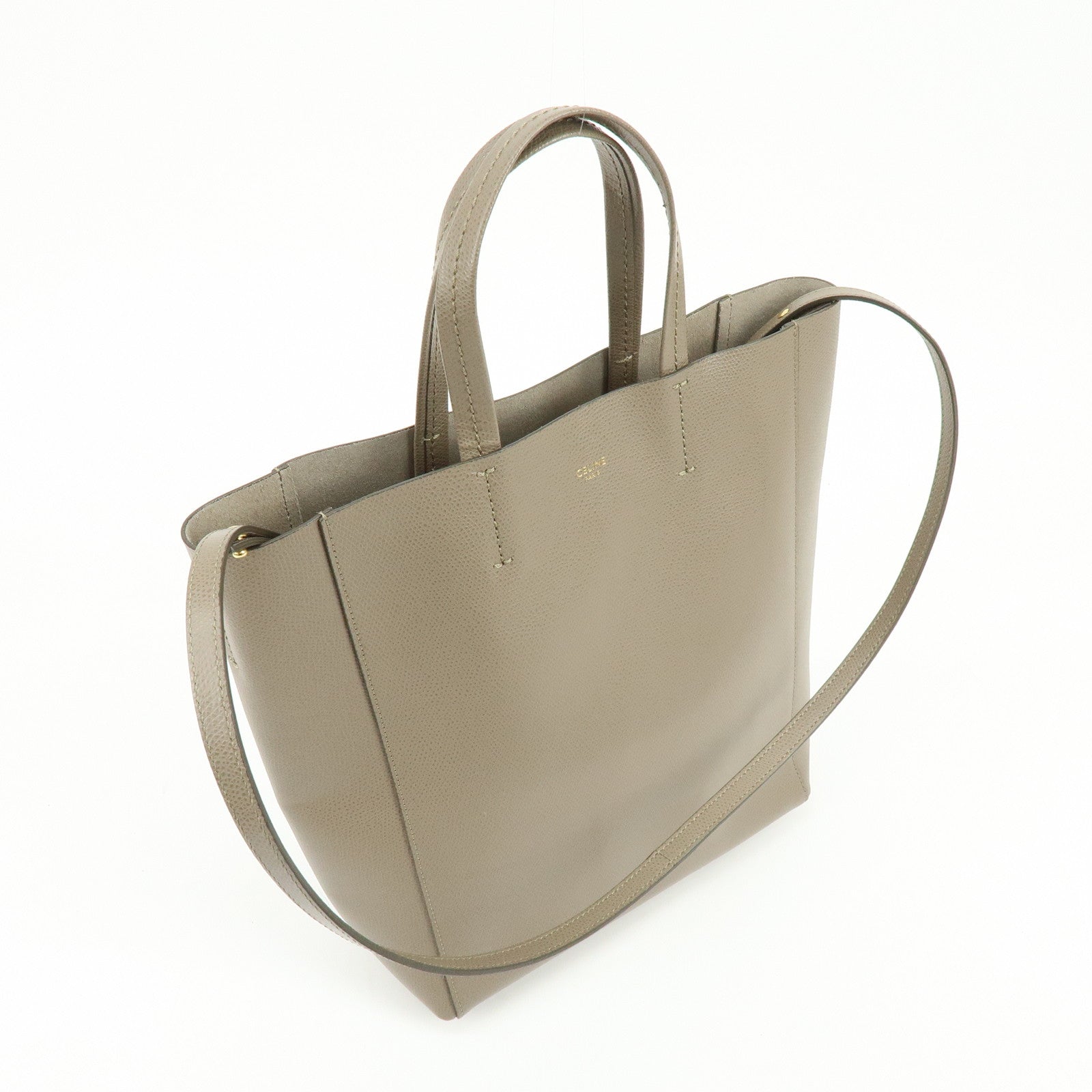CELINE Vertical Cabas Leather 2Way Hand Bag Shouder Bag Greige