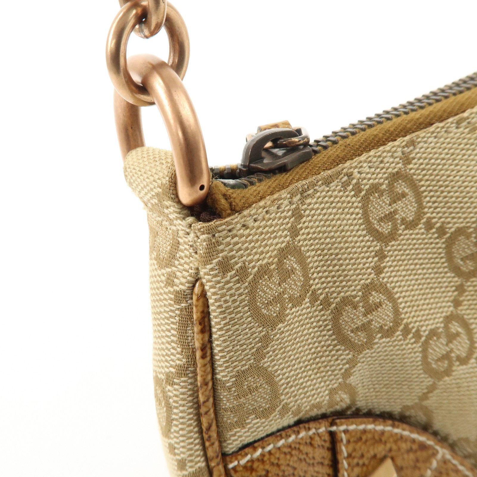 GUCCI GG Canvas Leather Chain Hand Bag Pouch Beige Brown 120940 Used