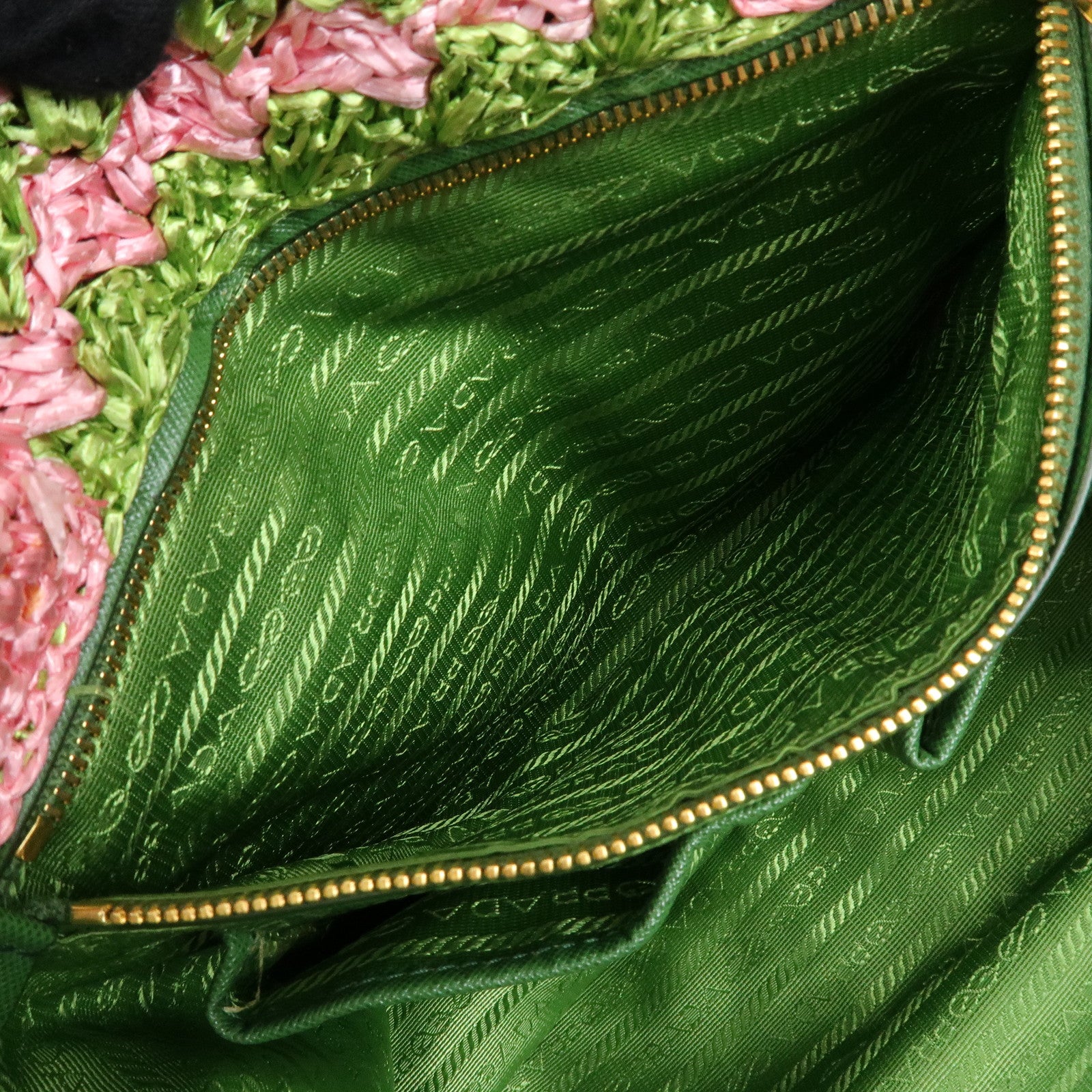 PRADA Triangle Logo Canapa Raffia Tote Bag Hand Bag Pink Green
