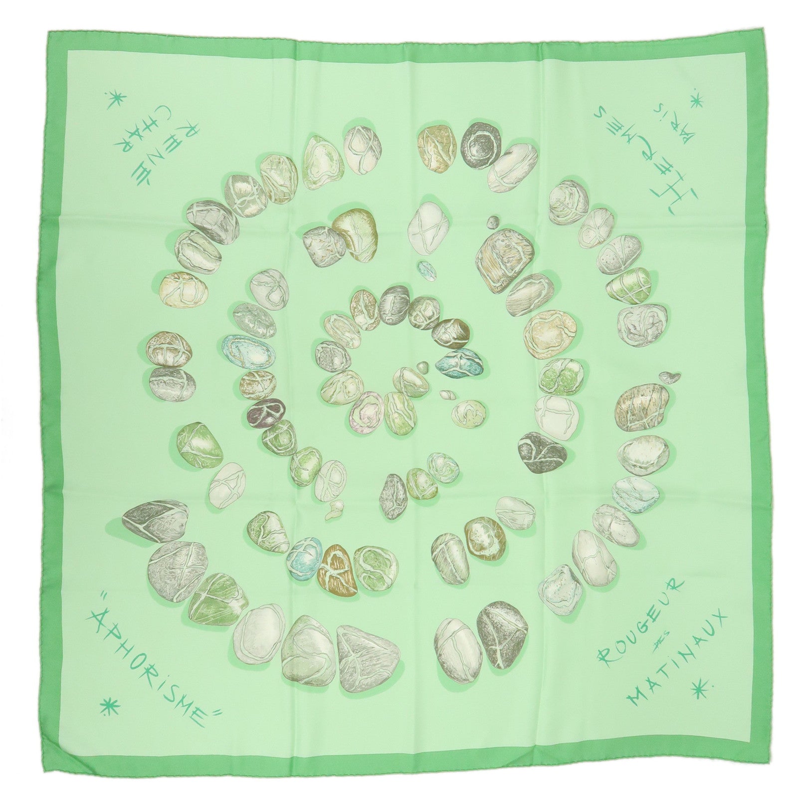 HERMES Carre 90 Silk 100% Scarf APHORISME Pebble Motif Light Green Gray