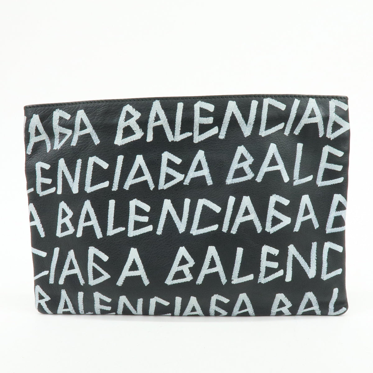 BALENCIAGA Graffiti Leather Clutch Bag Flat Pouch Black White