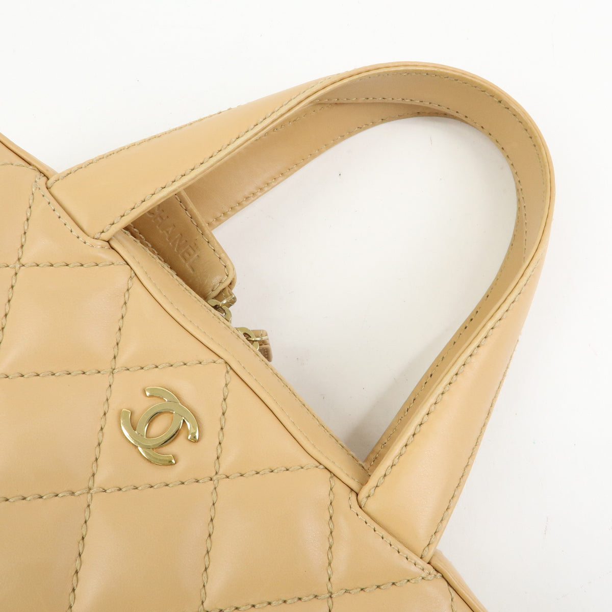 CHANEL Wild Stitch COCO Mark Leather Hand Bag Tote Bag Beige A14693