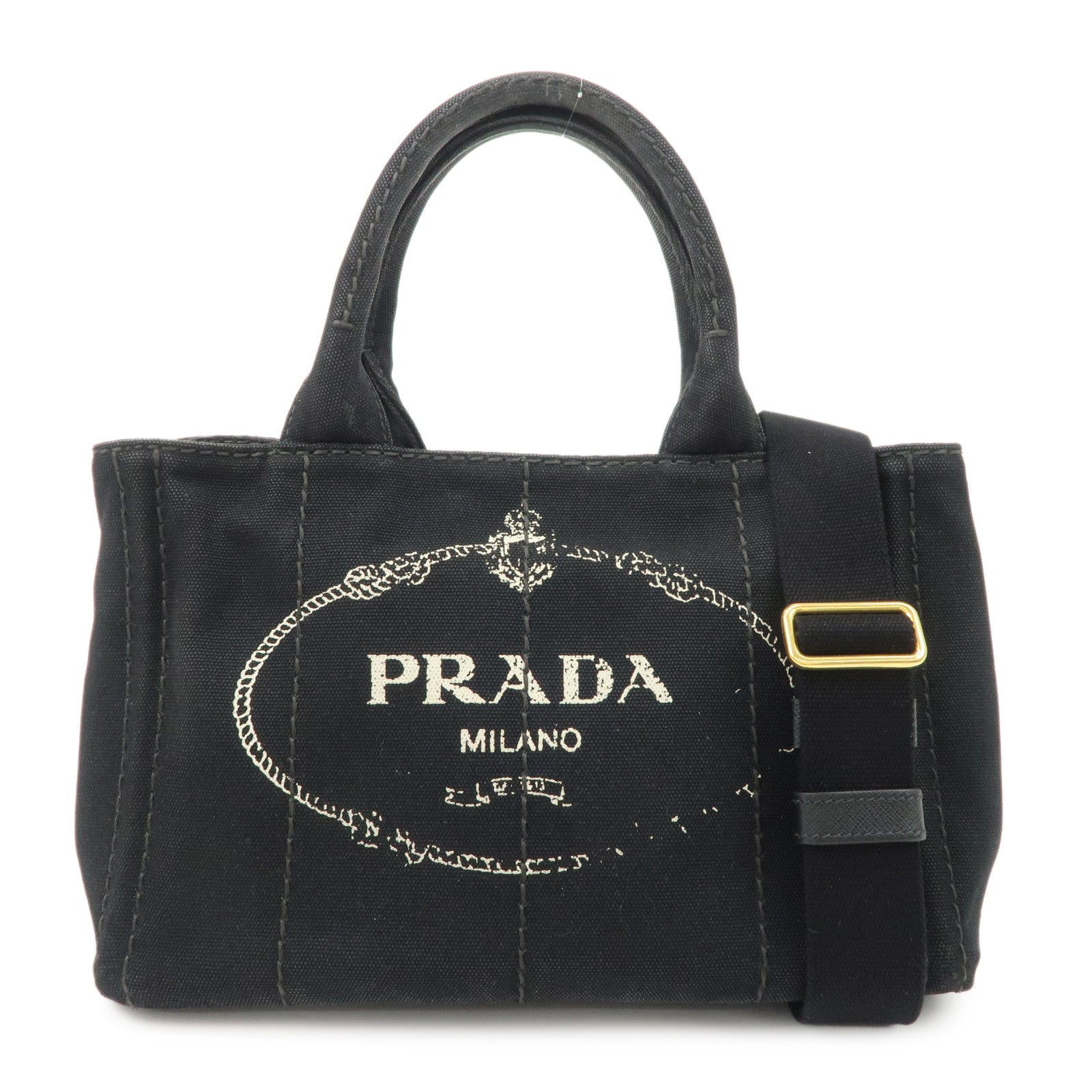 PRADA Logo Canapa Denim 2 Way Tote Bag Hand Bag Black B2642B Used