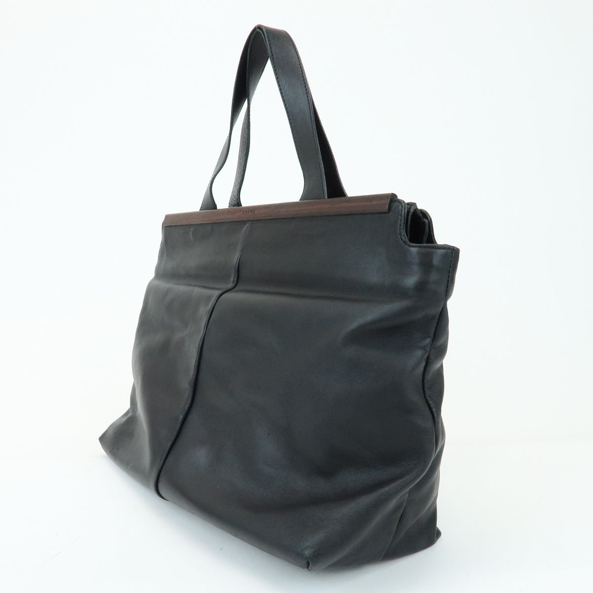 LOEWE Nappa Leather Wood Hand Bag Tote Bag Black Brown