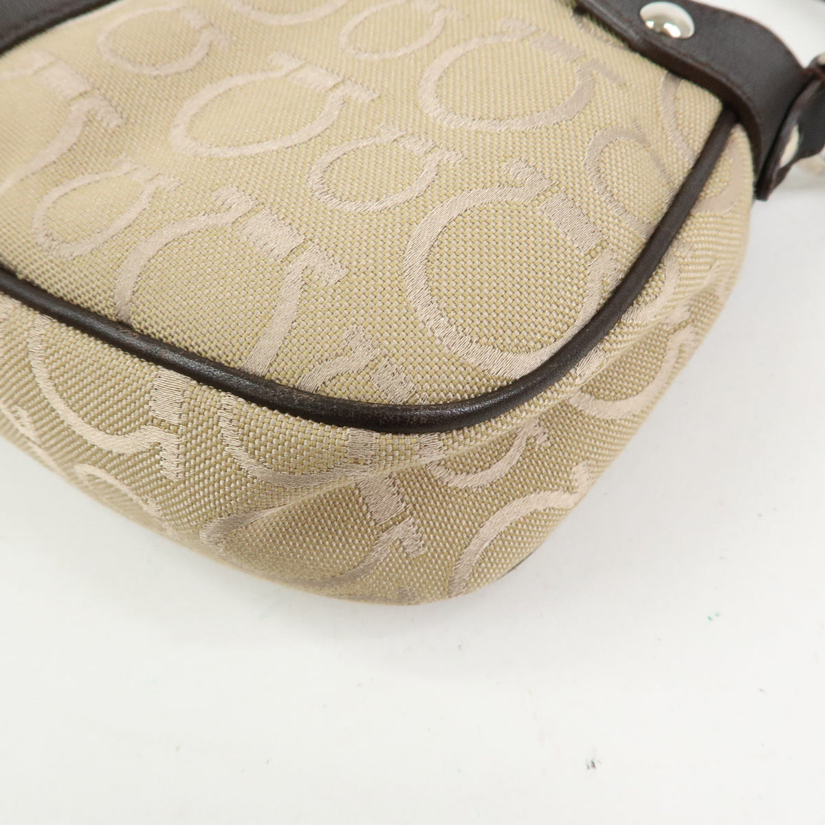 Ferragamo Gancini Jacquard Canvas Leather Hand Bag Beige Brown