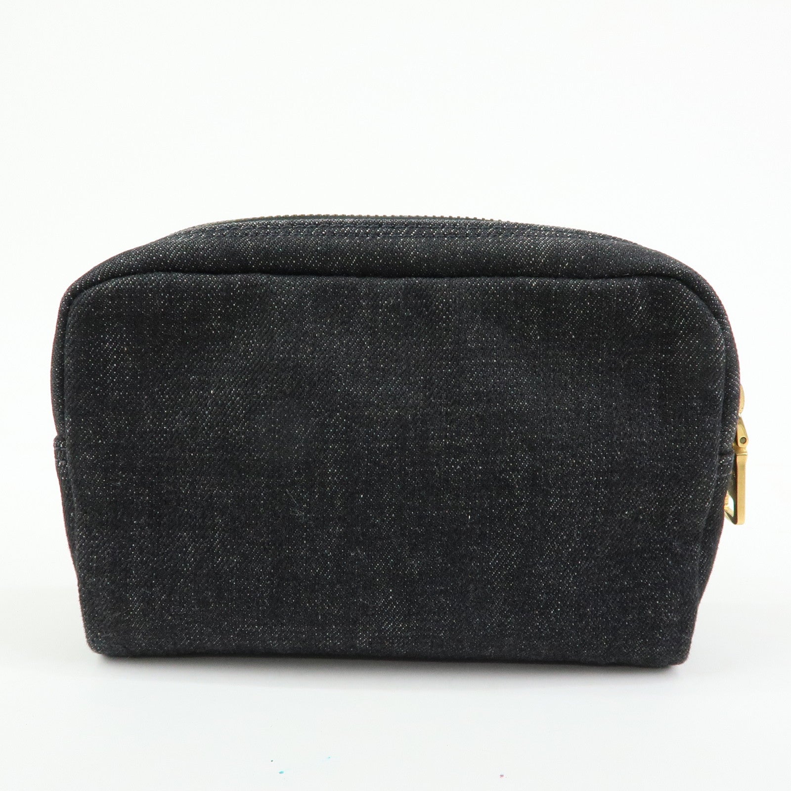 PRADA Triangle Logo Denim Cosmetic Pouch Black Gold