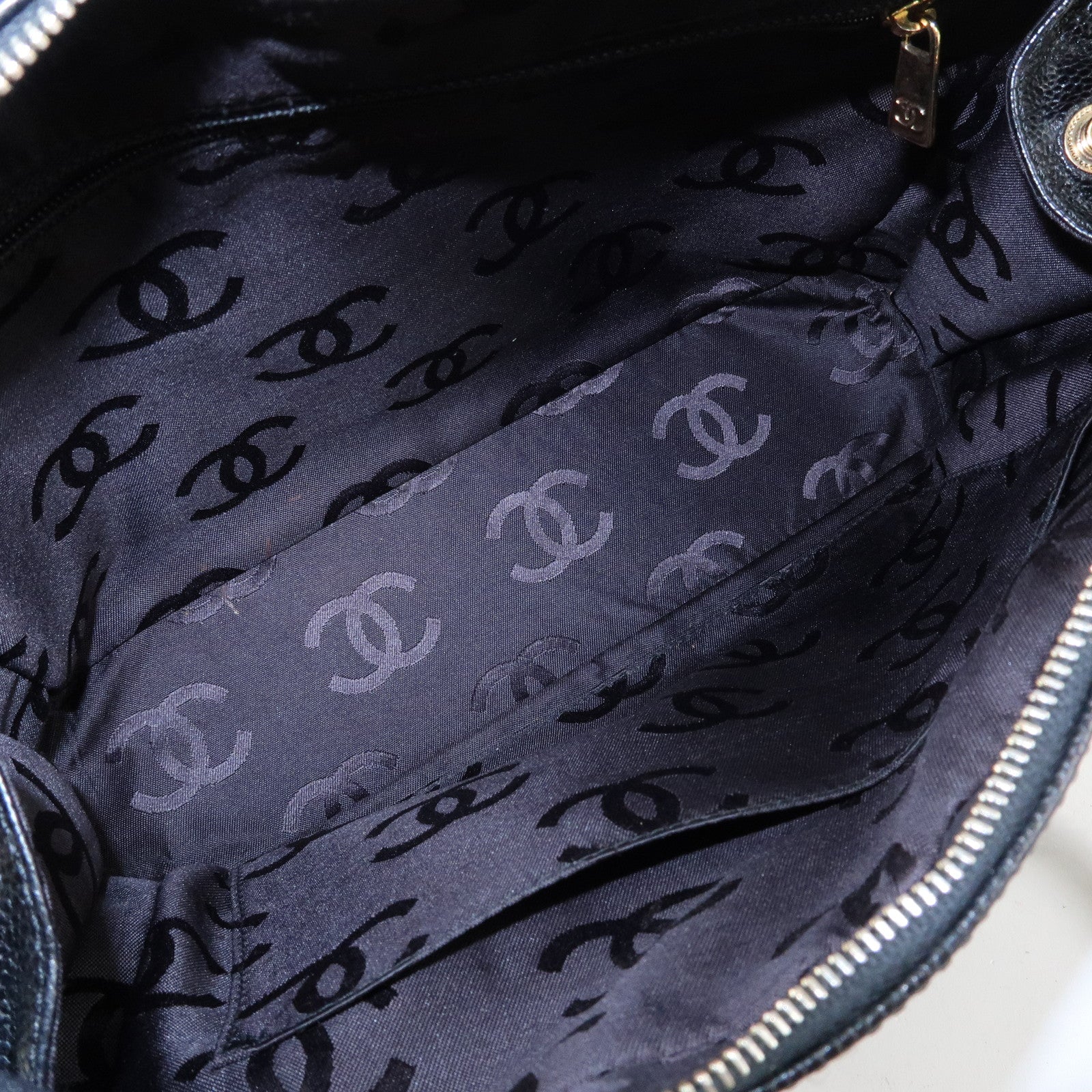 CHANEL Chevron COCO Mark Caviarskin Chain Shoulder Bag Black