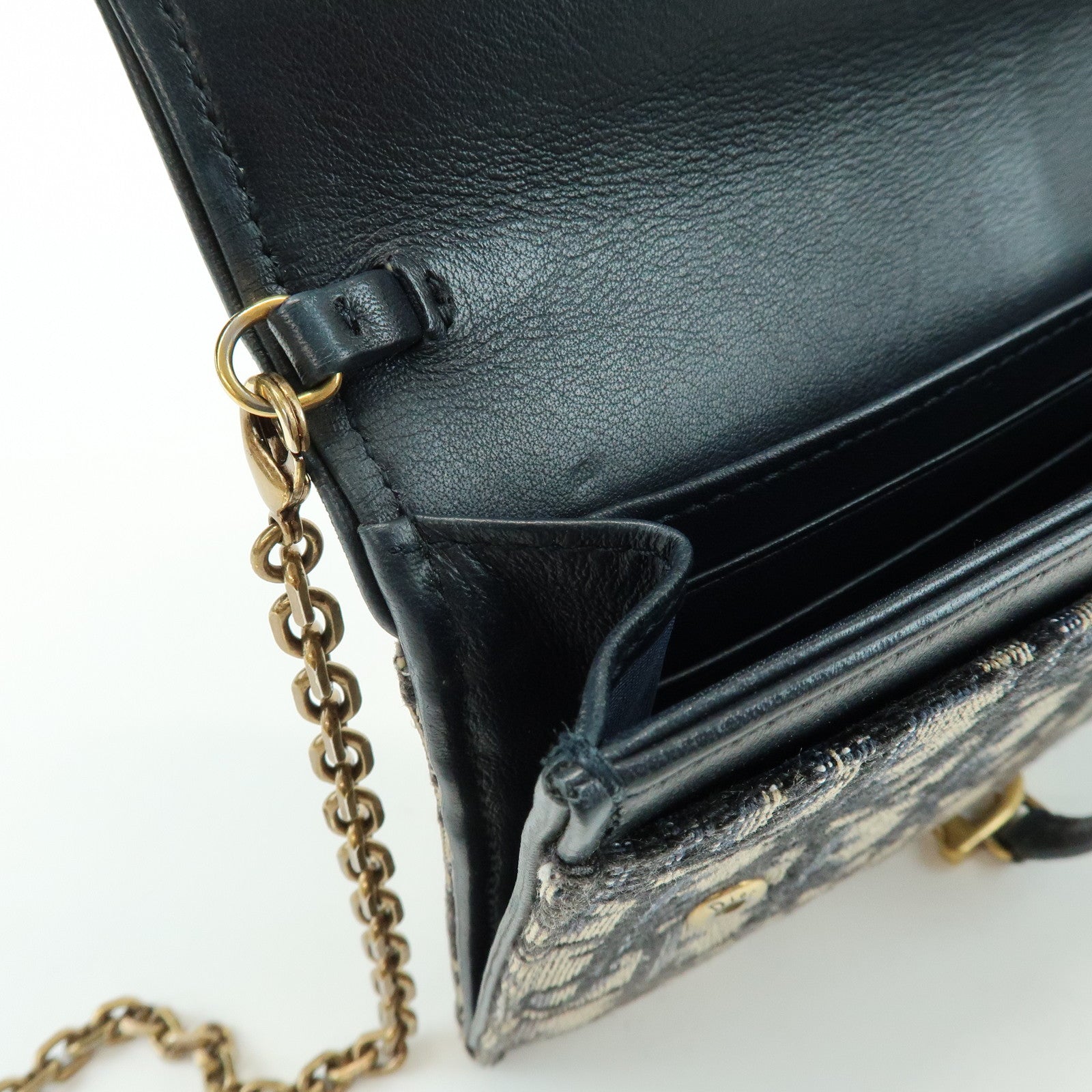Christian Dior Oblique Saddle Canvas Leather Chain Wallet WOC Navy