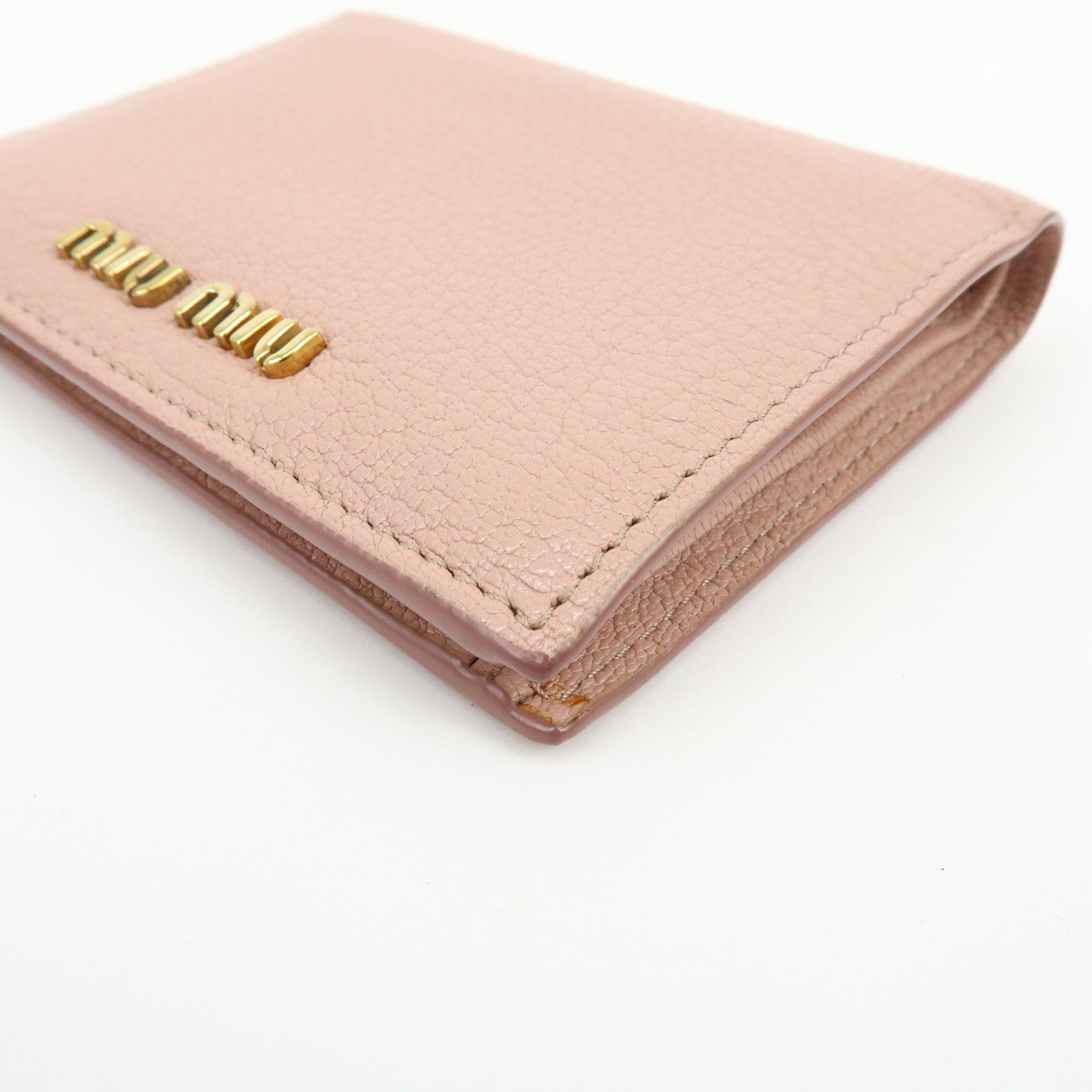 MIU MIU Logo Madras Leather Bi-fold Compact Wallet Pink
