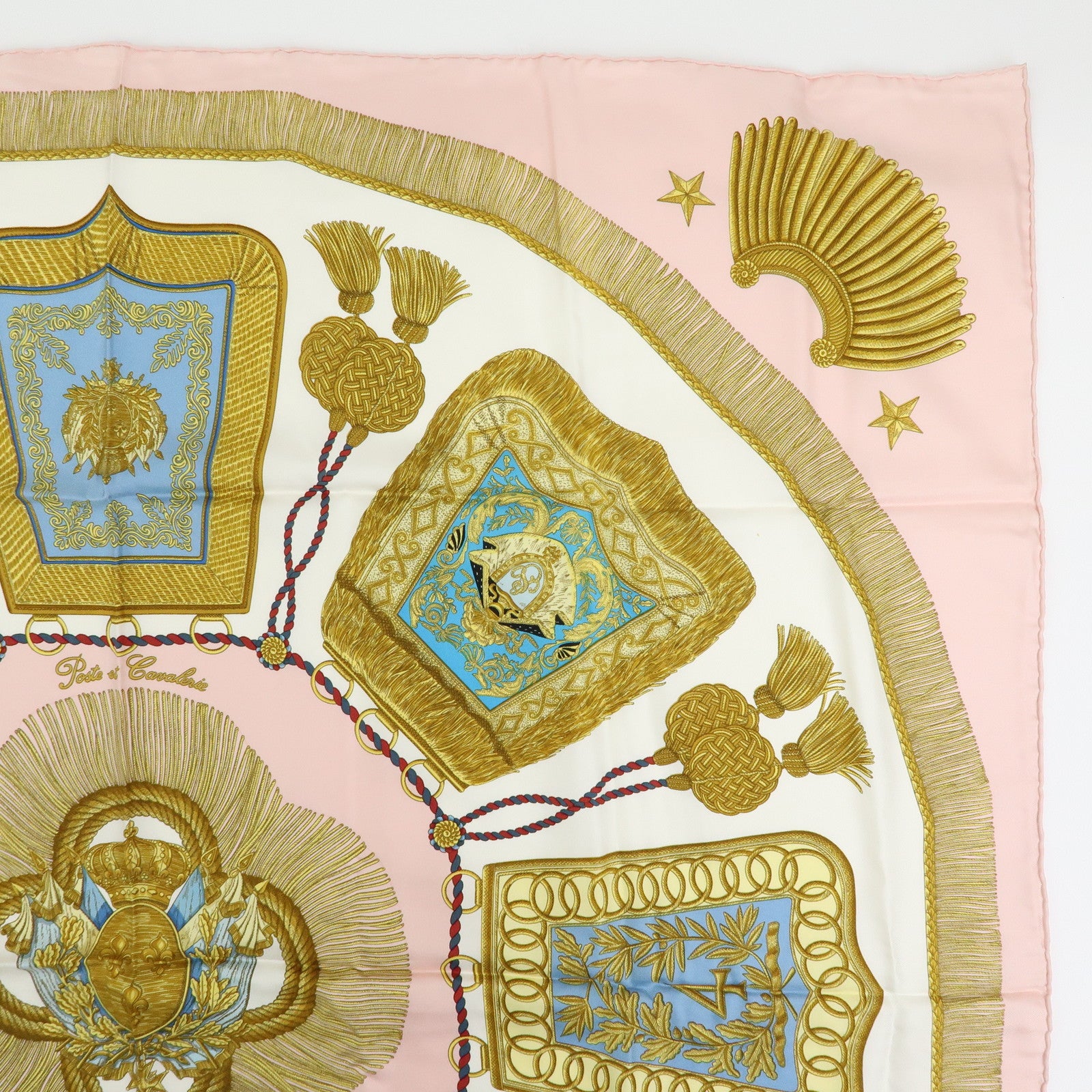 HERMES Carre 90 Silk 100% Scarf Poste et Cavalerie Light Pink Gold