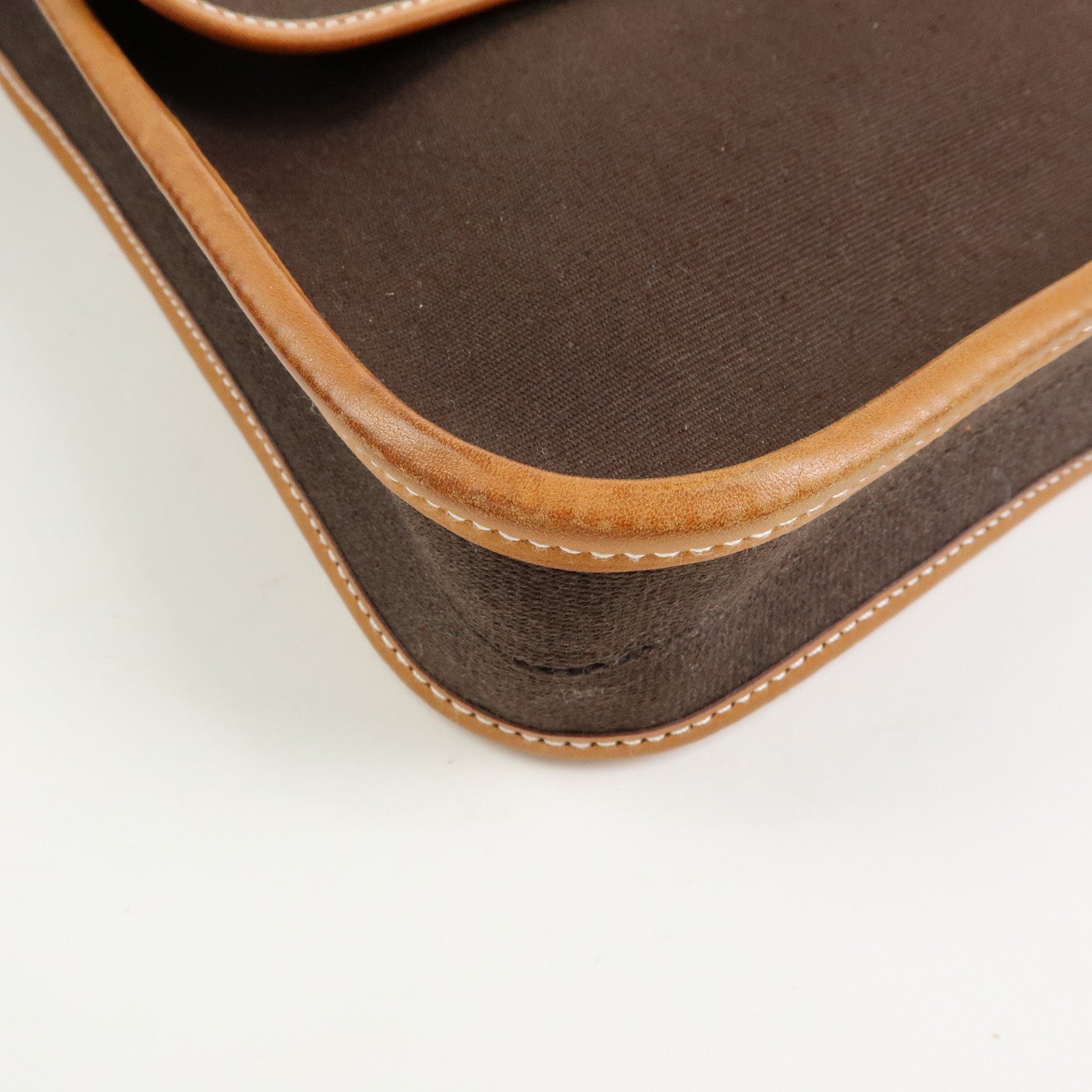 HERMES Buenaventura PM Toile Officier Leather Shoulder Bag Dark Brown