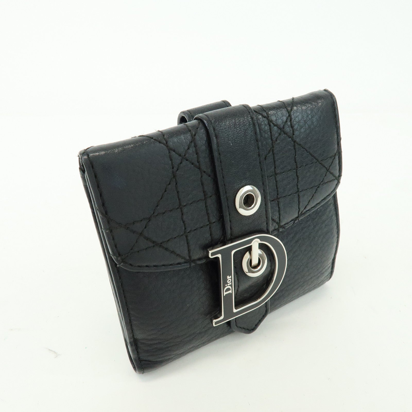 Christian Dior Cannage D Logo Leather Bi-fold Compact Wallet Black