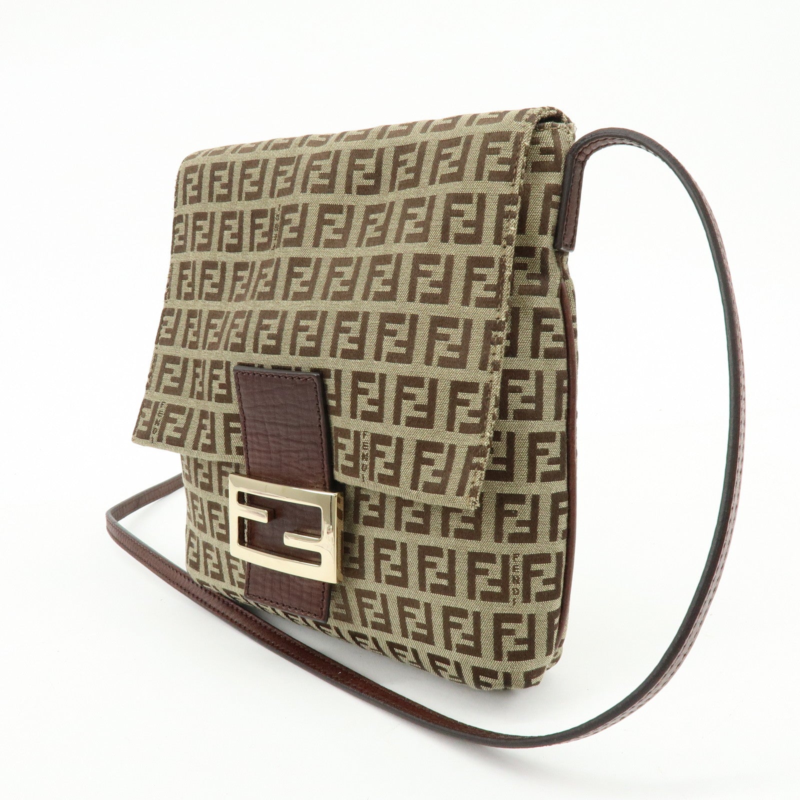 FENDI Zucchino Canvas Leather Shoulder Bag Beige Brown 8BT075