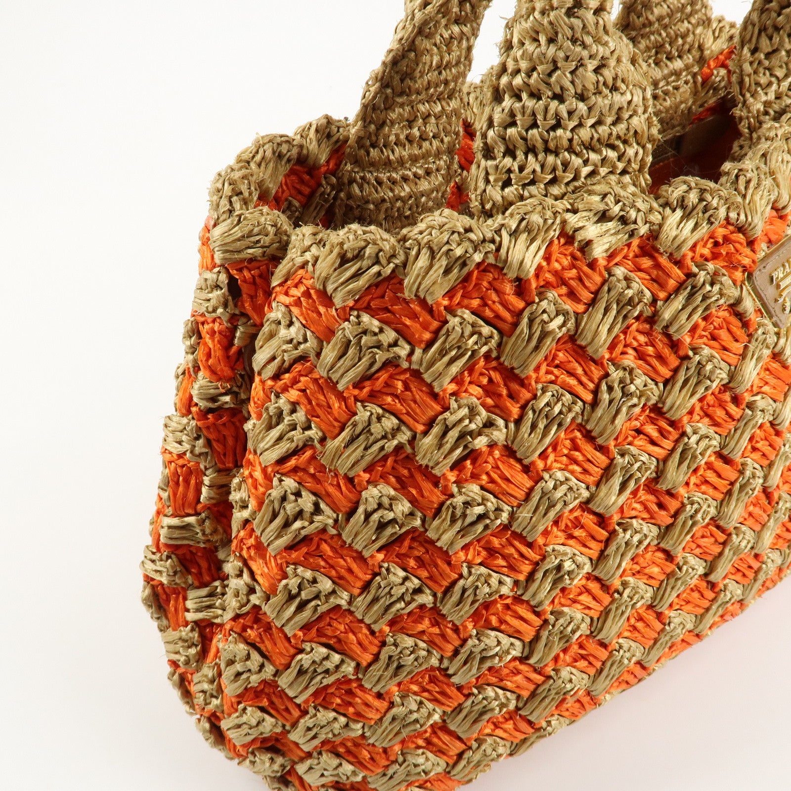 PRADA Triangl Logo Braded Tote Bag Hand Bag Orange Beige Used