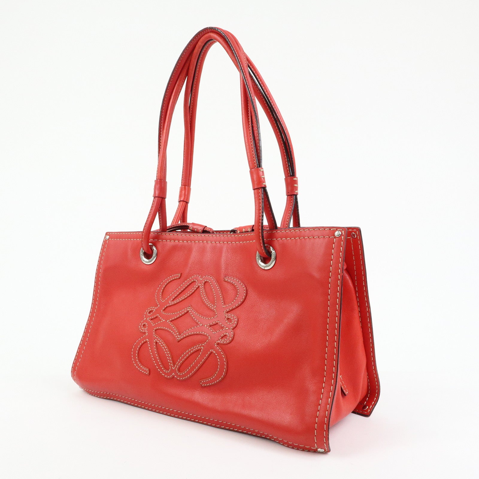 LOEWE Anagram Leather Tote Bag Hand Bag Shoulder Bag Red