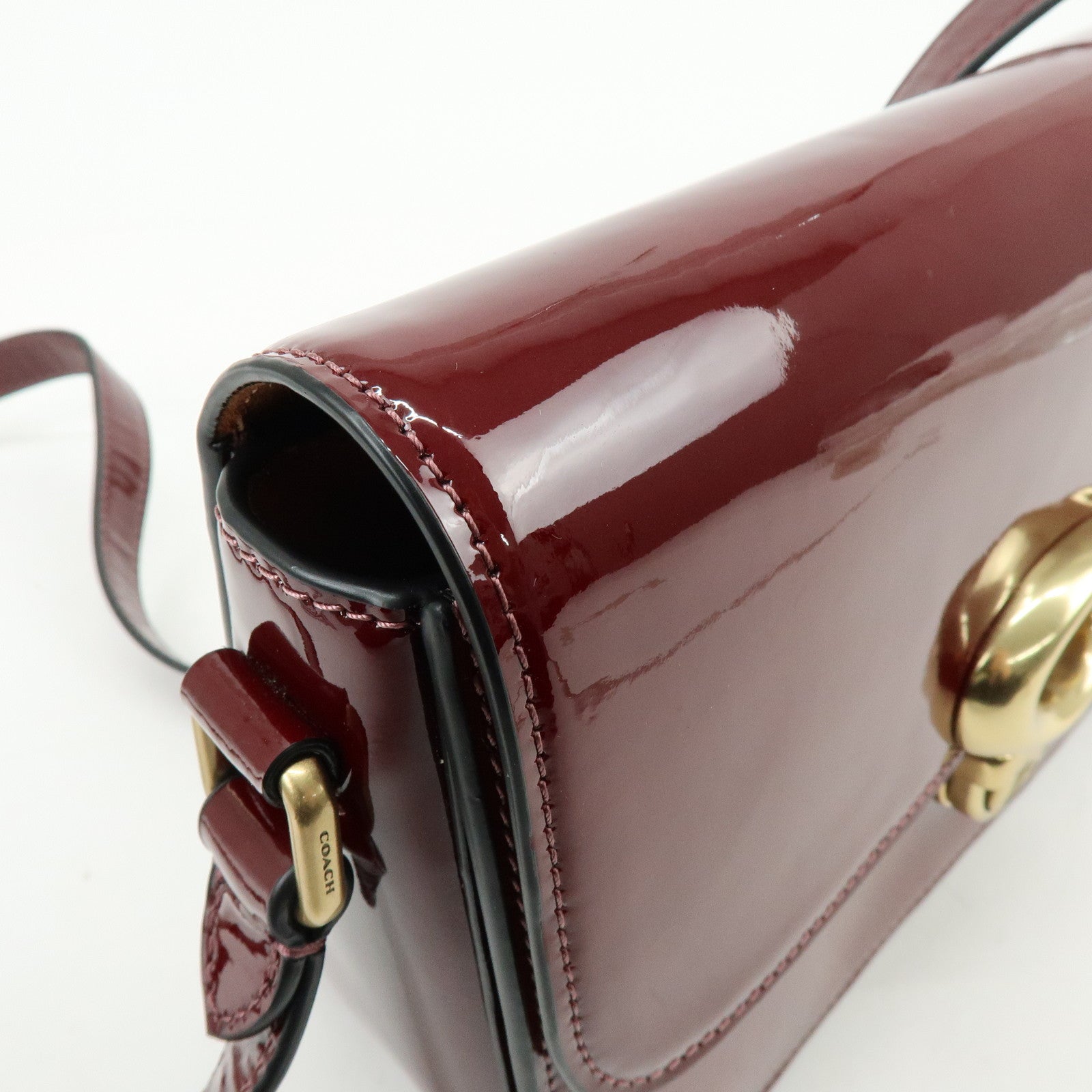 COACH Studio Signature C Patent Leather Shoulder Bag Bordeaux
