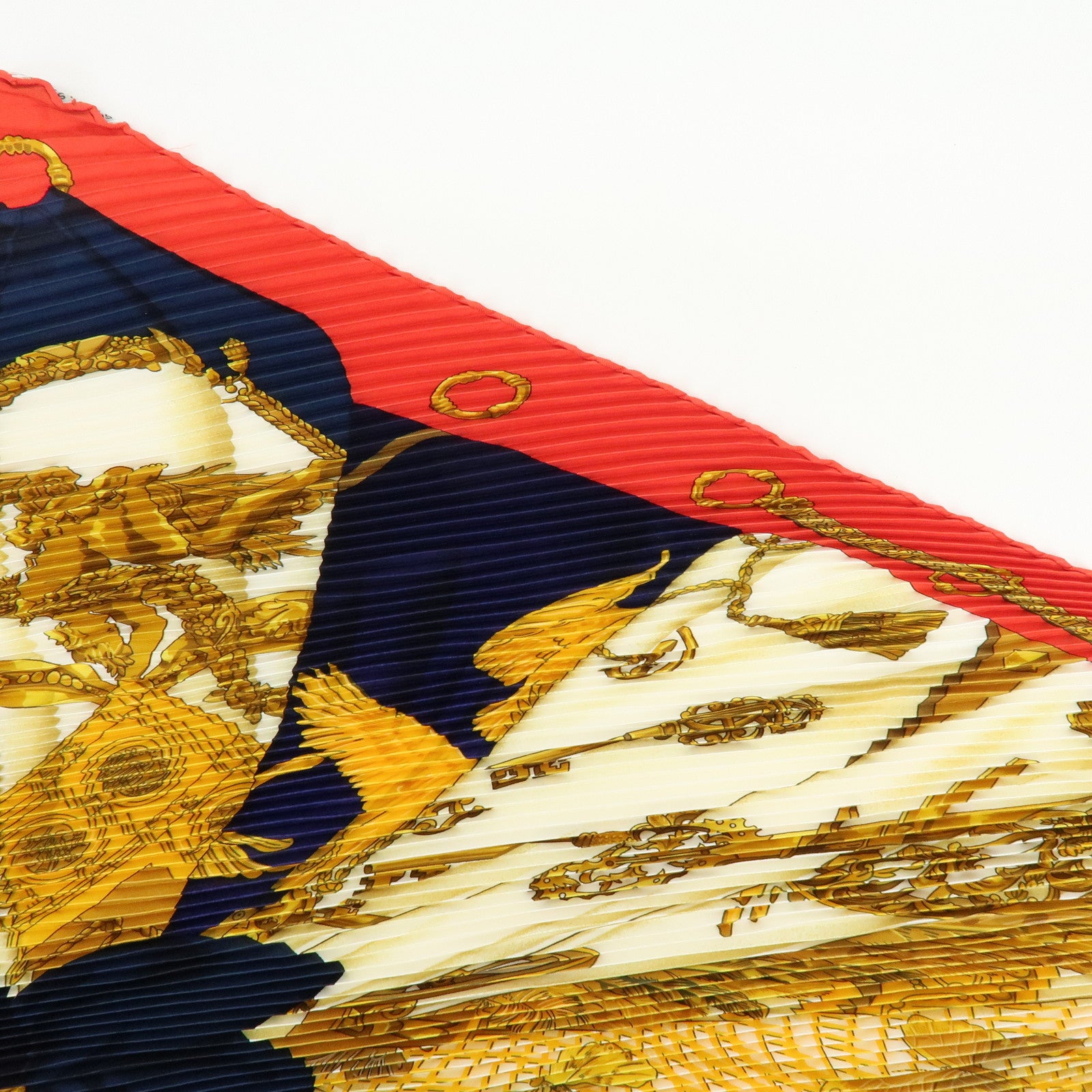 HERMES Pleated Carre Silk 100% Scarf SOLEIL DE SOIE Gold Red Navy