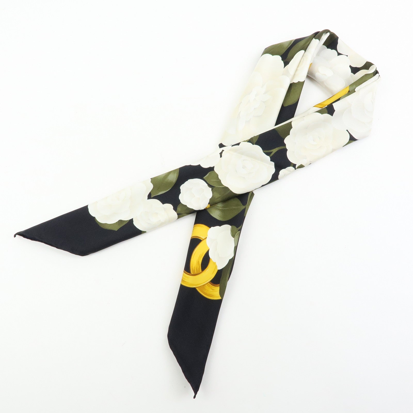 CHANEL COCO Mark Silk 100% Scarf Camellia Flower Black White Gold