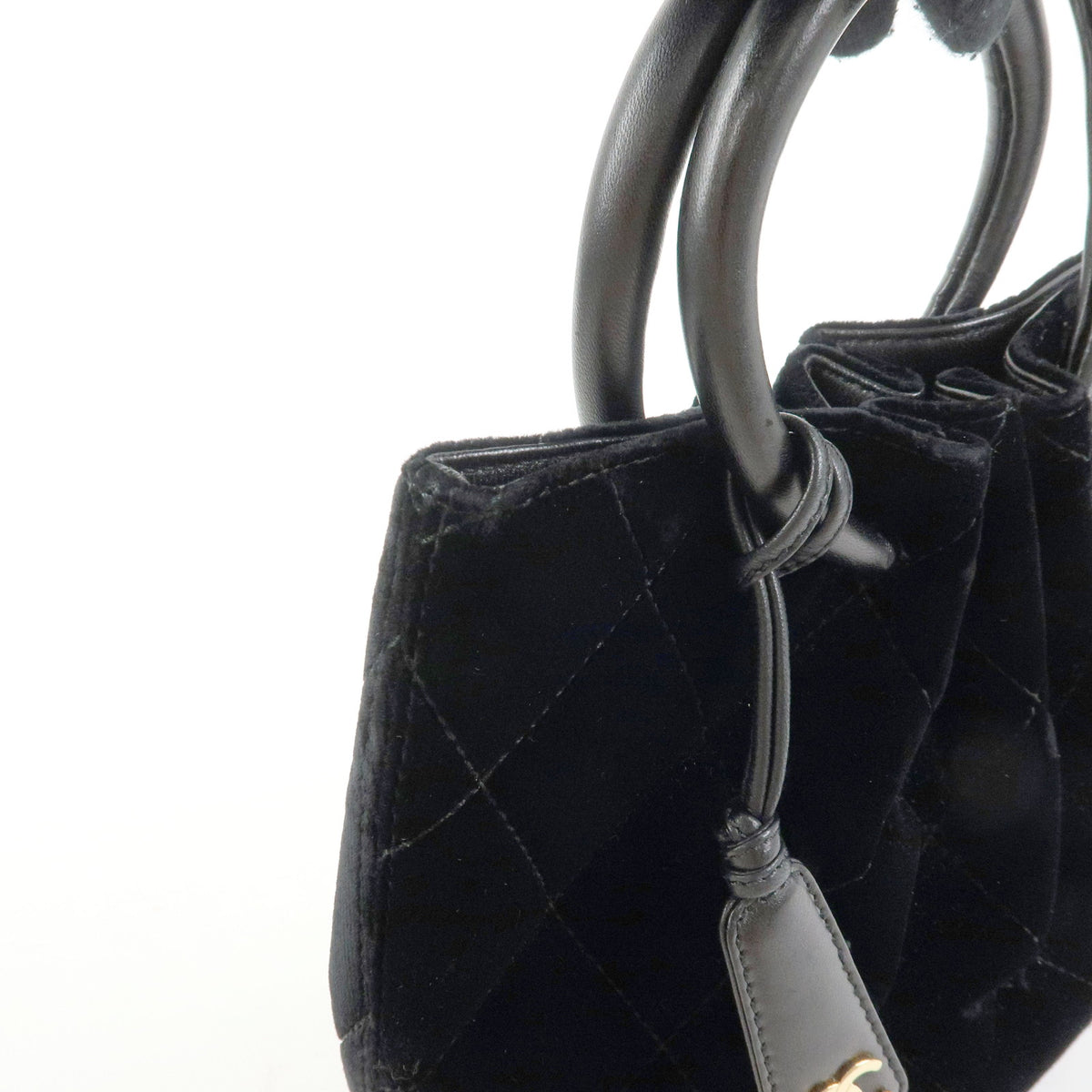 CHANEL Matelasse Velour Leather Ring Handle Hand Bag Black