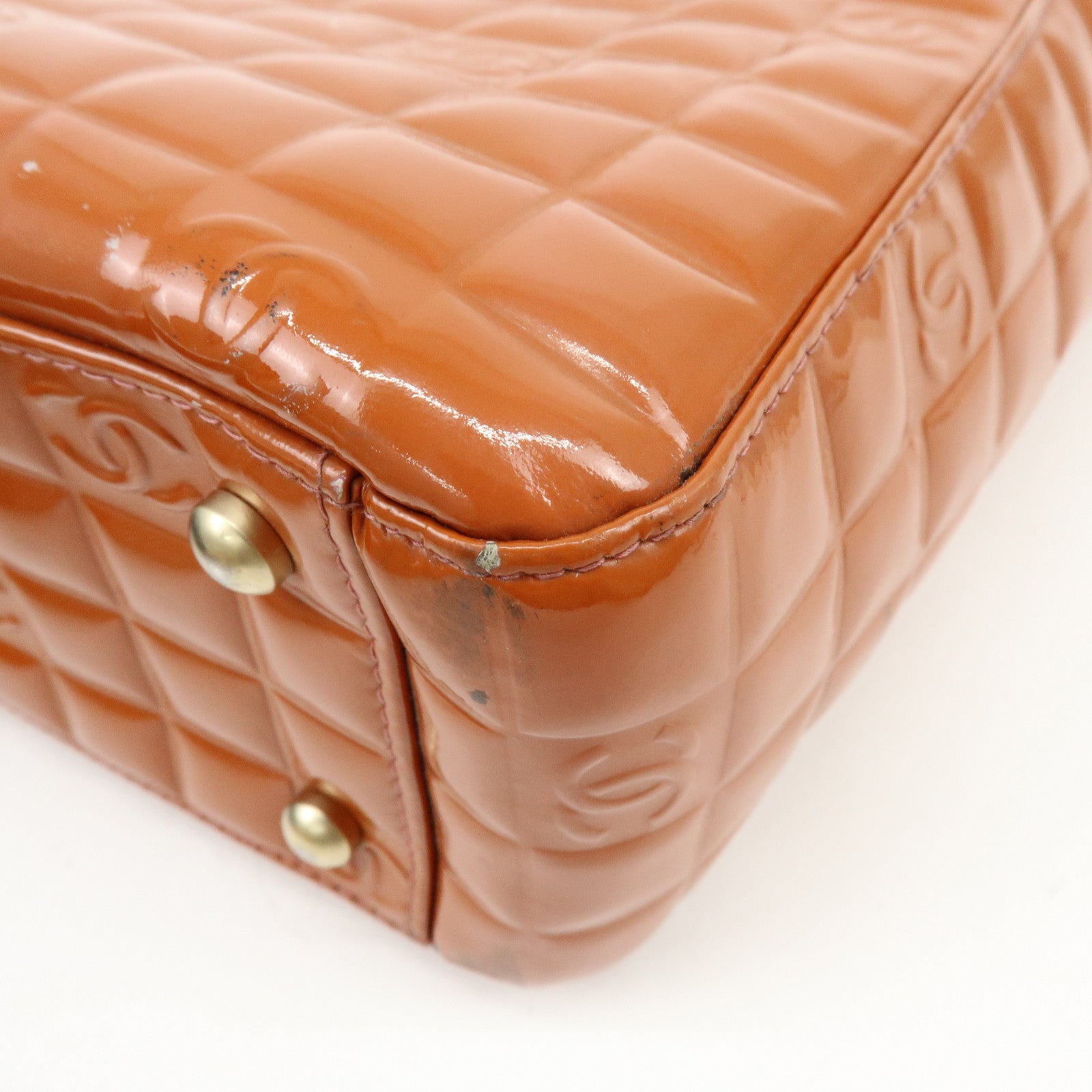 CHANEL Chocolate Bar COCO Mark Patent Leather Hand Bag Tote Bag Orange