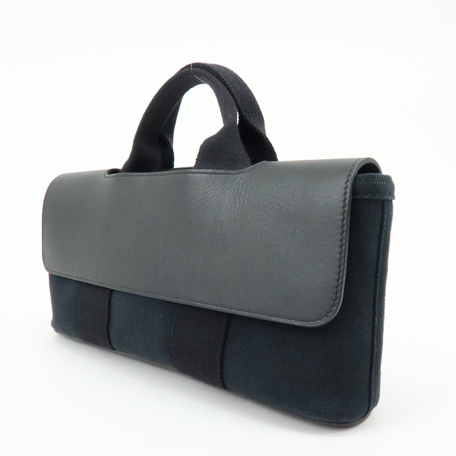 HERMES Valparaiso Long PM Toile Chevron Leather Hand Bag Black