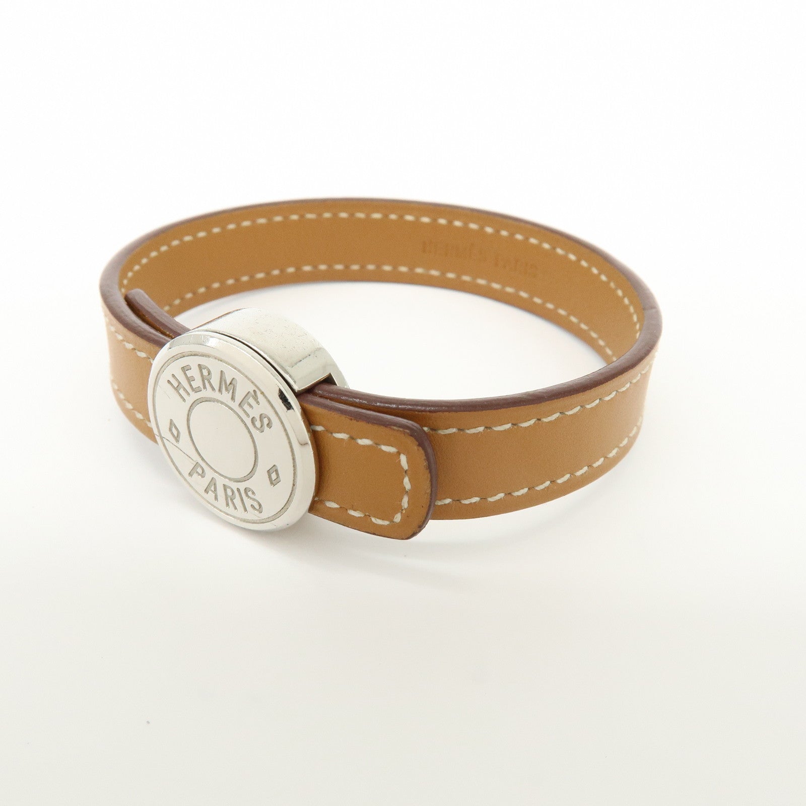 HERMES Serie Looping Leather Metal Bracelet Brown Black Silver